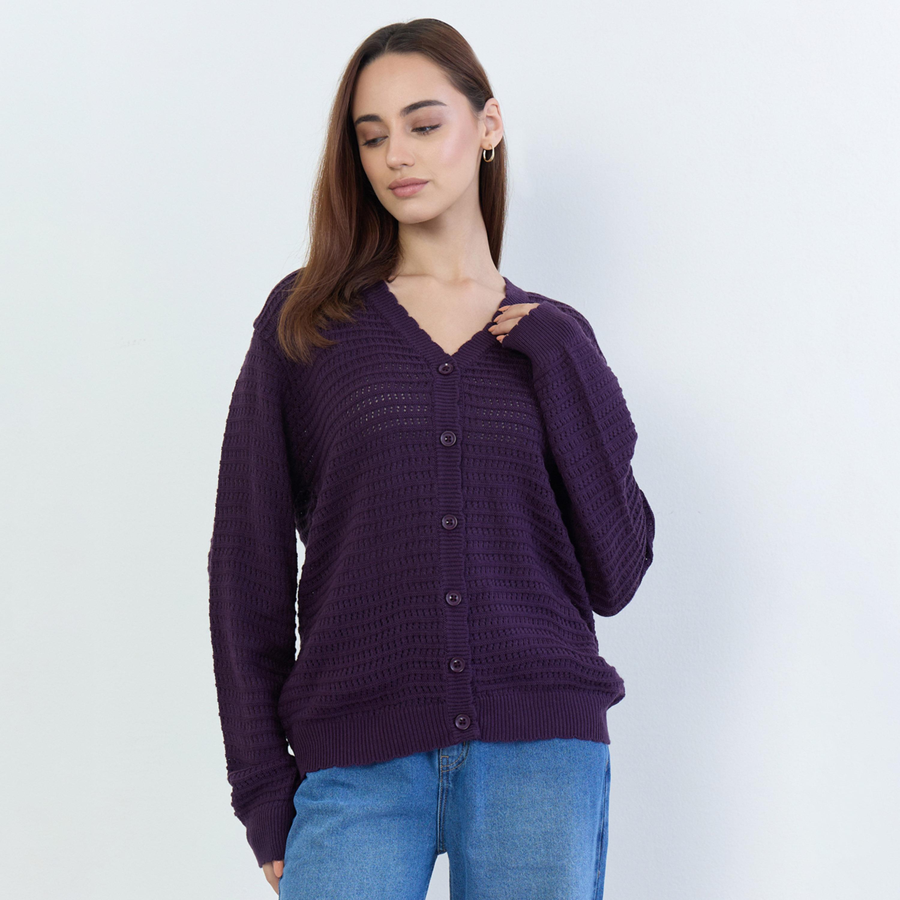 ستايلي - كارديغان أرجواني منقوش بقصّة عادية وطول عادي وأزرار-women-clothing-cardigansandjumpers-cardigans-image-1