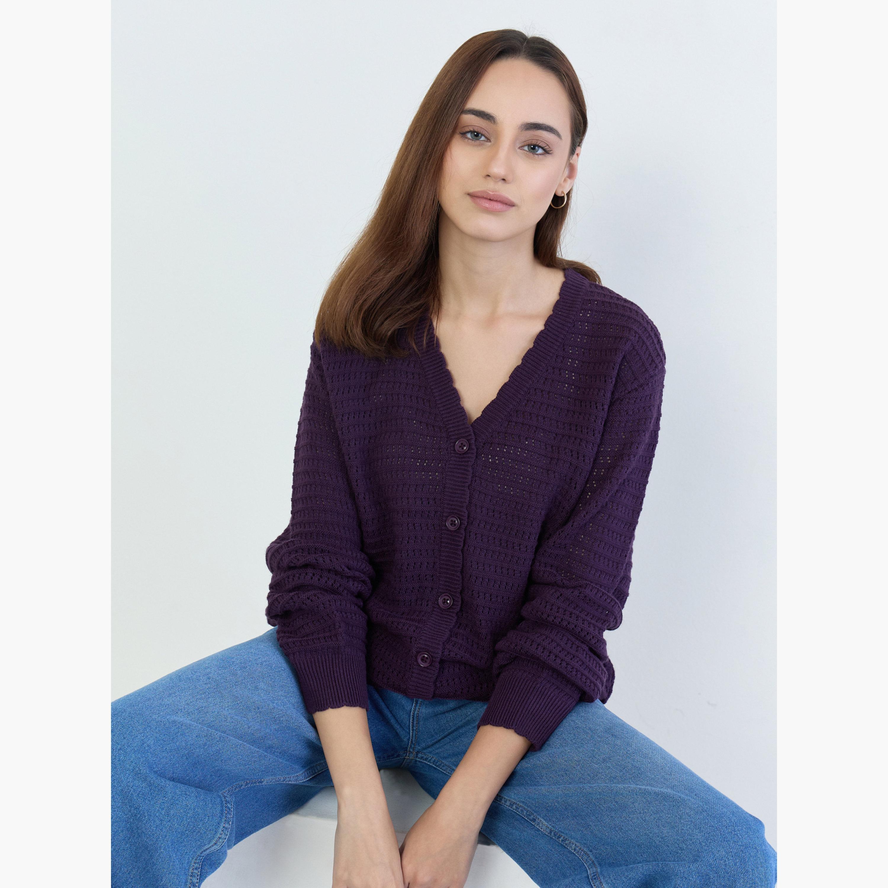ستايلي - كارديغان أرجواني منقوش بقصّة عادية وطول عادي وأزرار-women-clothing-cardigansandjumpers-cardigans-image-3