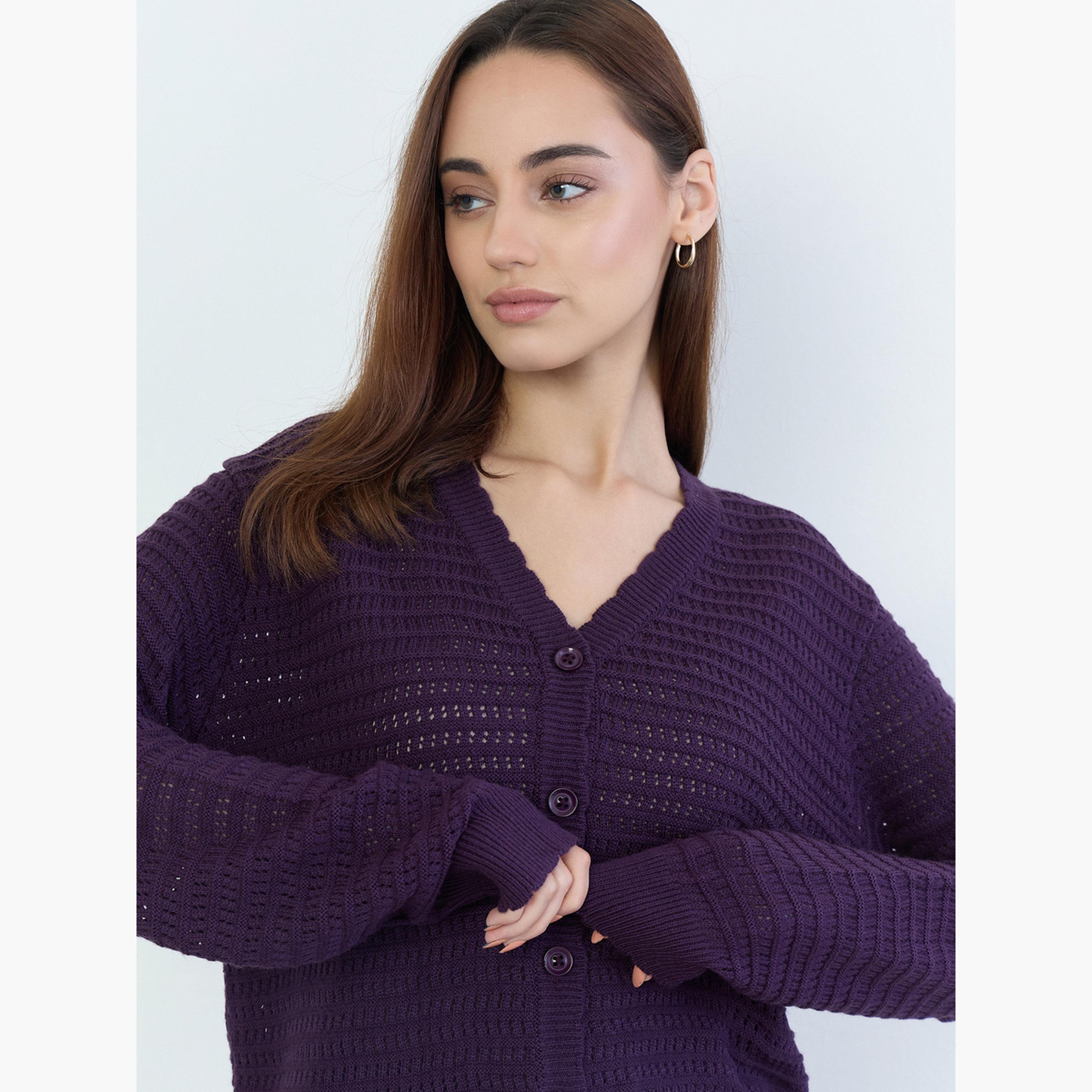 Styli Women Purple Textured Regular Fit Regular Length Buttoned Cardigan-women-clothing-cardigansandjumpers-cardigans-image-4