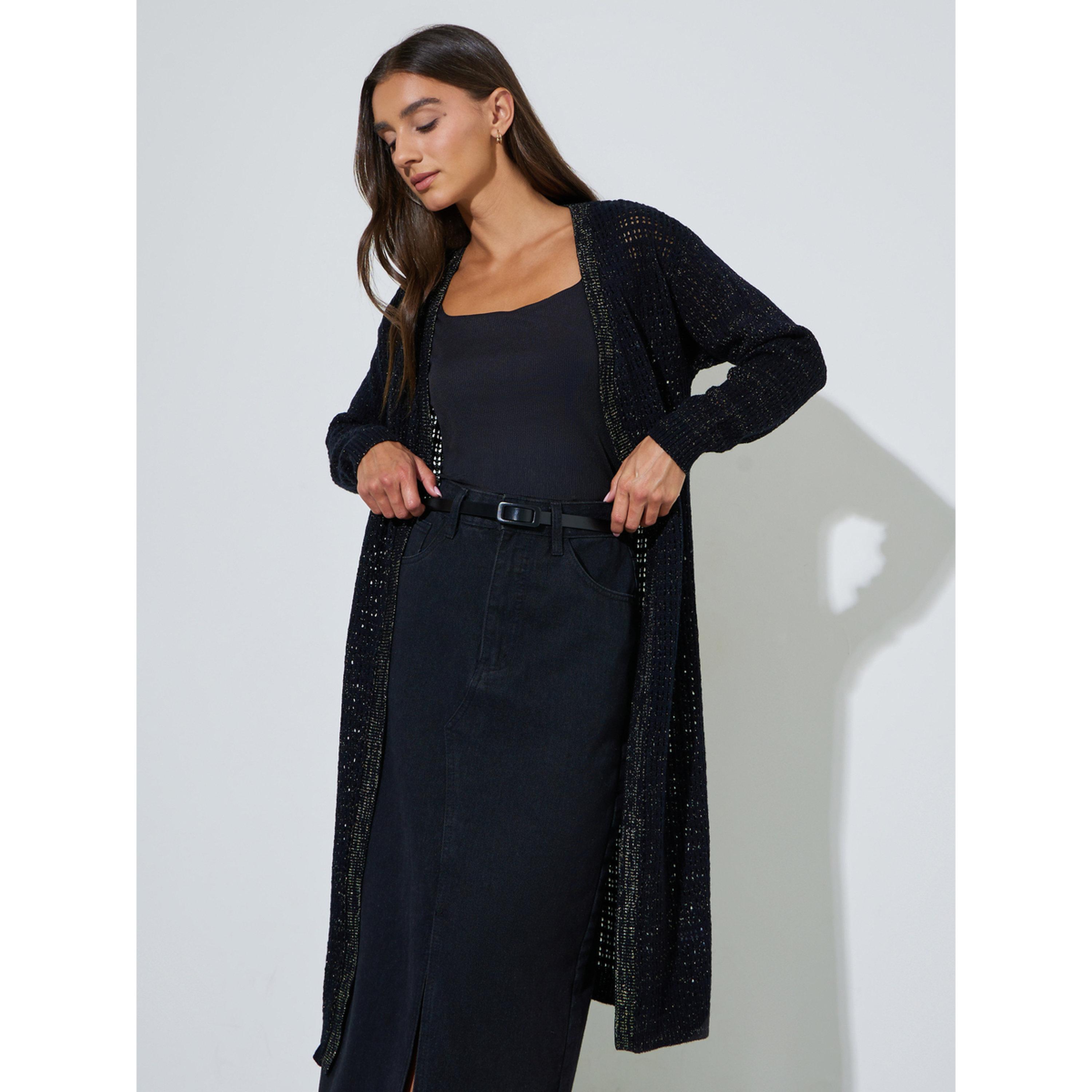 Styli Black Knitted Longline Cardigan-women-winterwear-cardigansandjumpers-cardigans-image-1