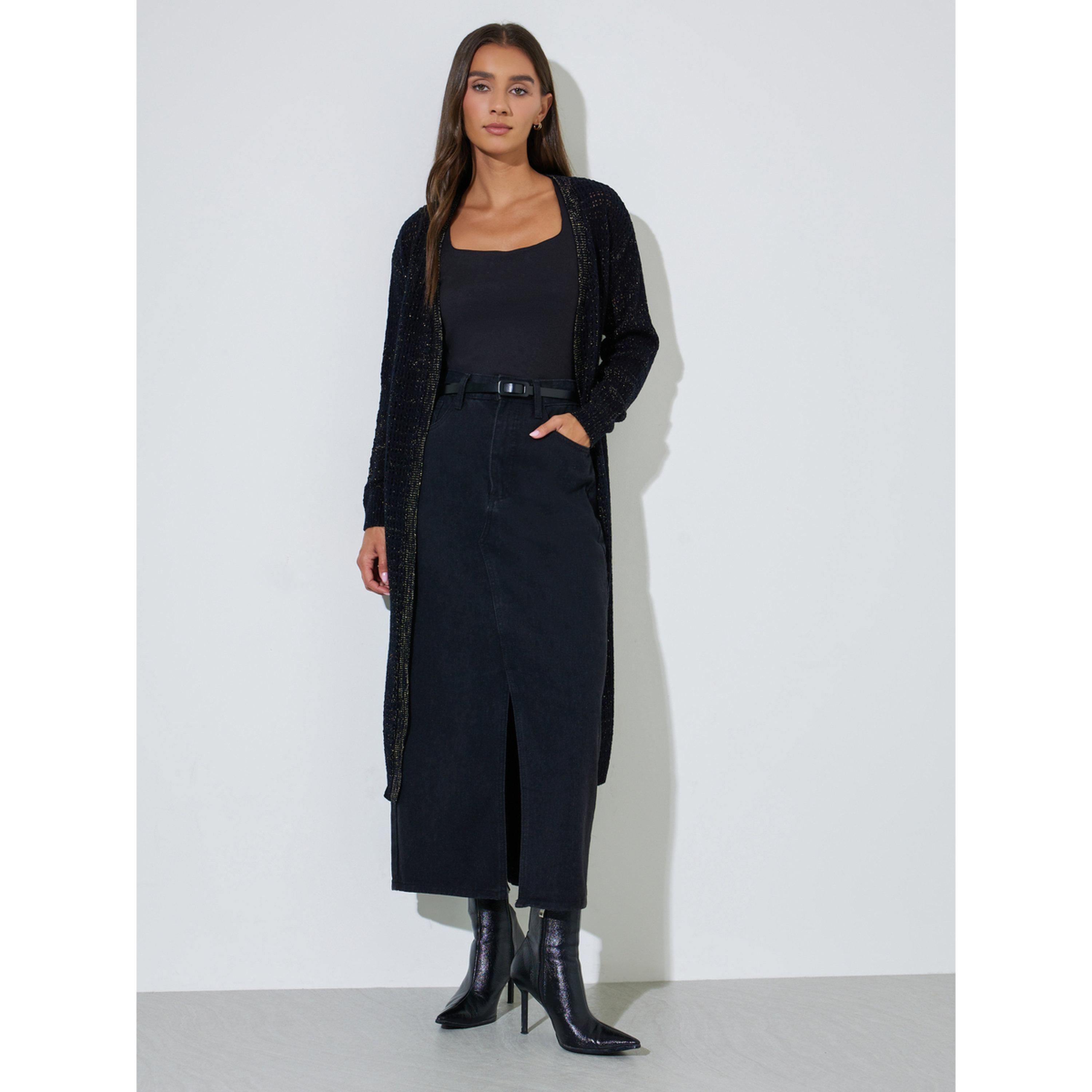 Styli Black Knitted Longline Cardigan-women-winterwear-cardigansandjumpers-cardigans-image-2