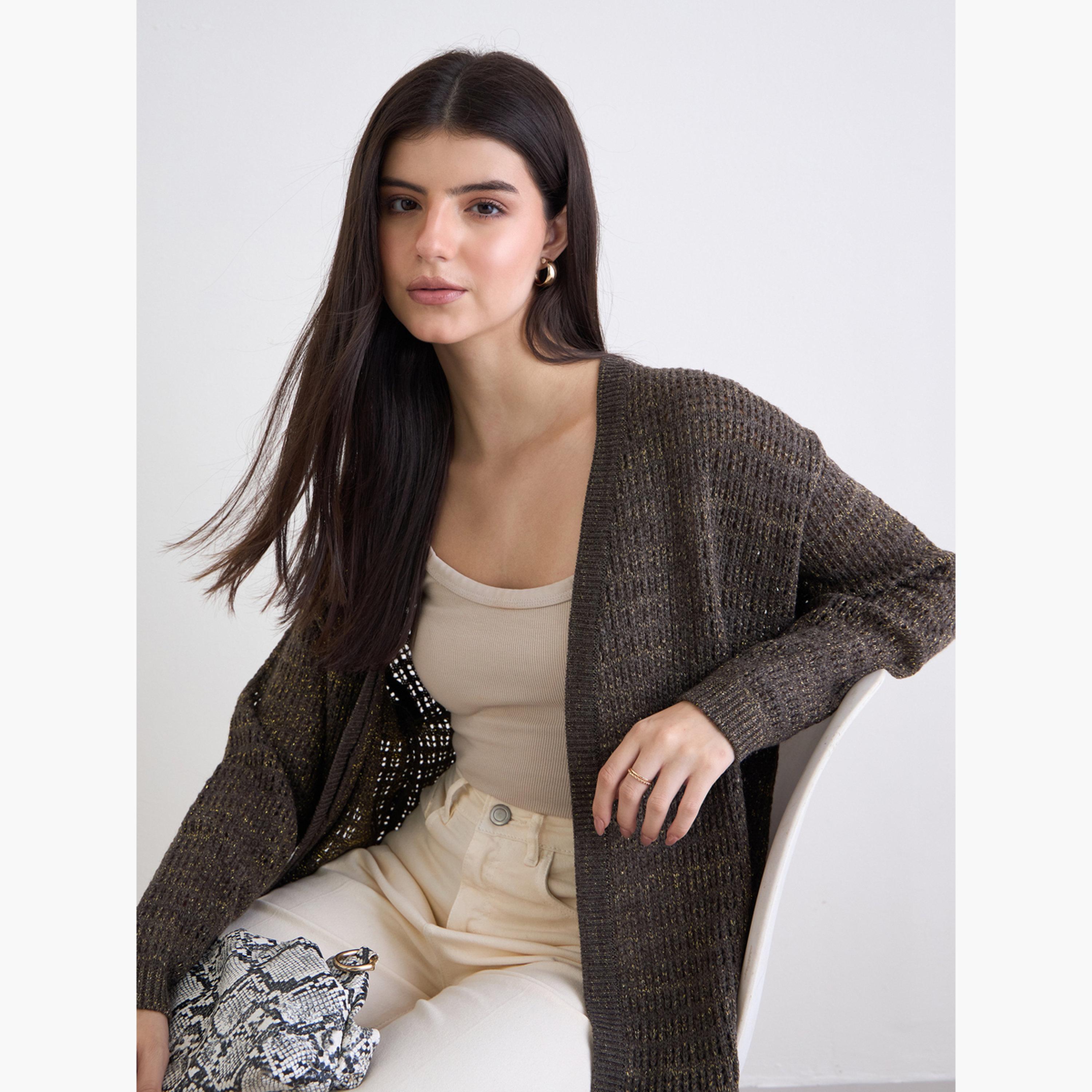 Styli Women Brown Knitted Longline Cardigan-women-clothing-cardigansandjumpers-cardigans-image-3