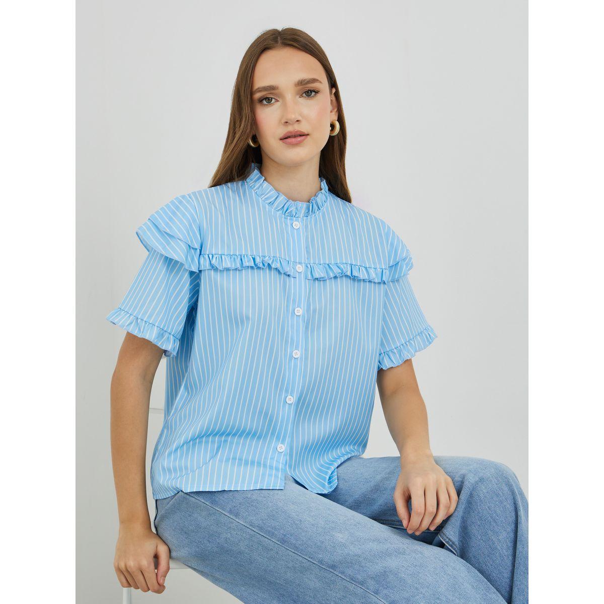 Styli Striped Ruffled Details Buttoned Shirt-women-clothing-shirtsandblouses-shirts-image-1