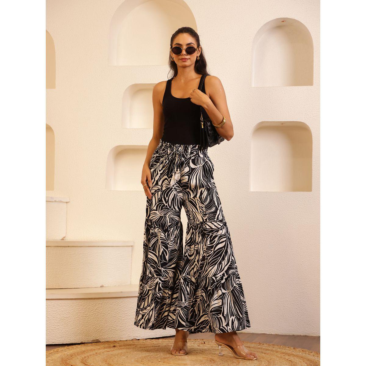 Sanskrutihomes Women Black Floral Printed Drawstring Waist Wide Leg Pants-women-clothing-bottoms-trousers-image-1