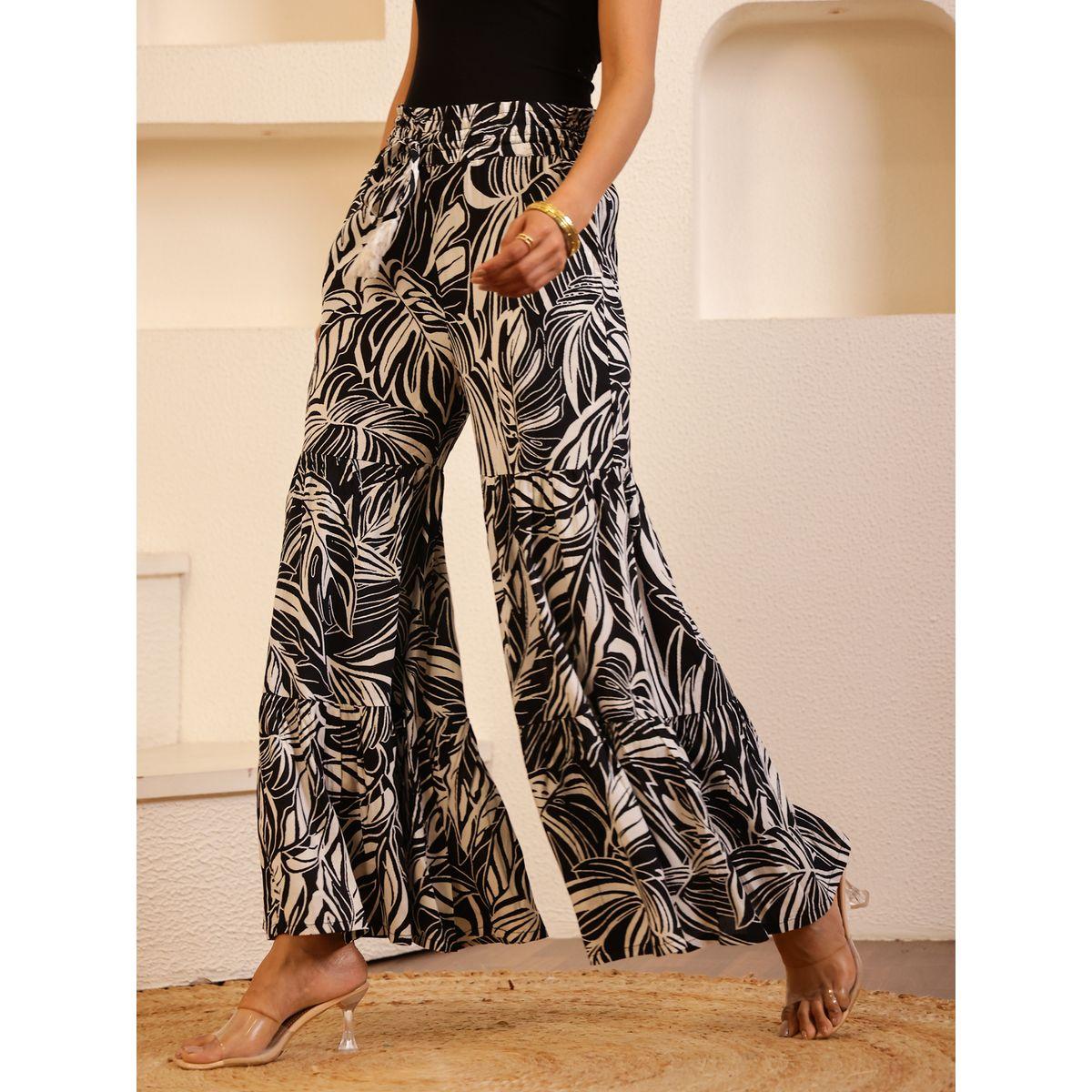 Sanskrutihomes Women Black Floral Printed Drawstring Waist Wide Leg Pants-women-clothing-bottoms-trousers-image-3