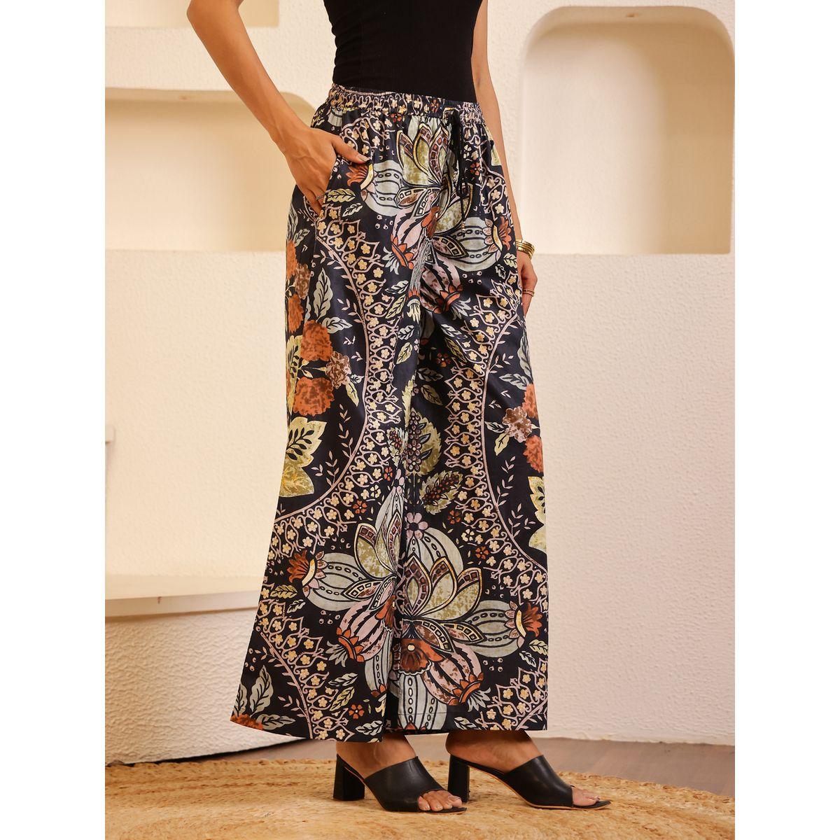 Sanskrutihomes Women Black Floral Printed Drawstring Waist Wide Leg Pants-women-clothing-bottoms-trousers-image-2