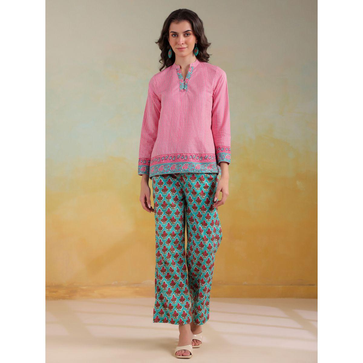 Sanskrutihomes Striped Mandarin Collar Top with Trousers Co-Ords-women-clothing-coordsets-image-1