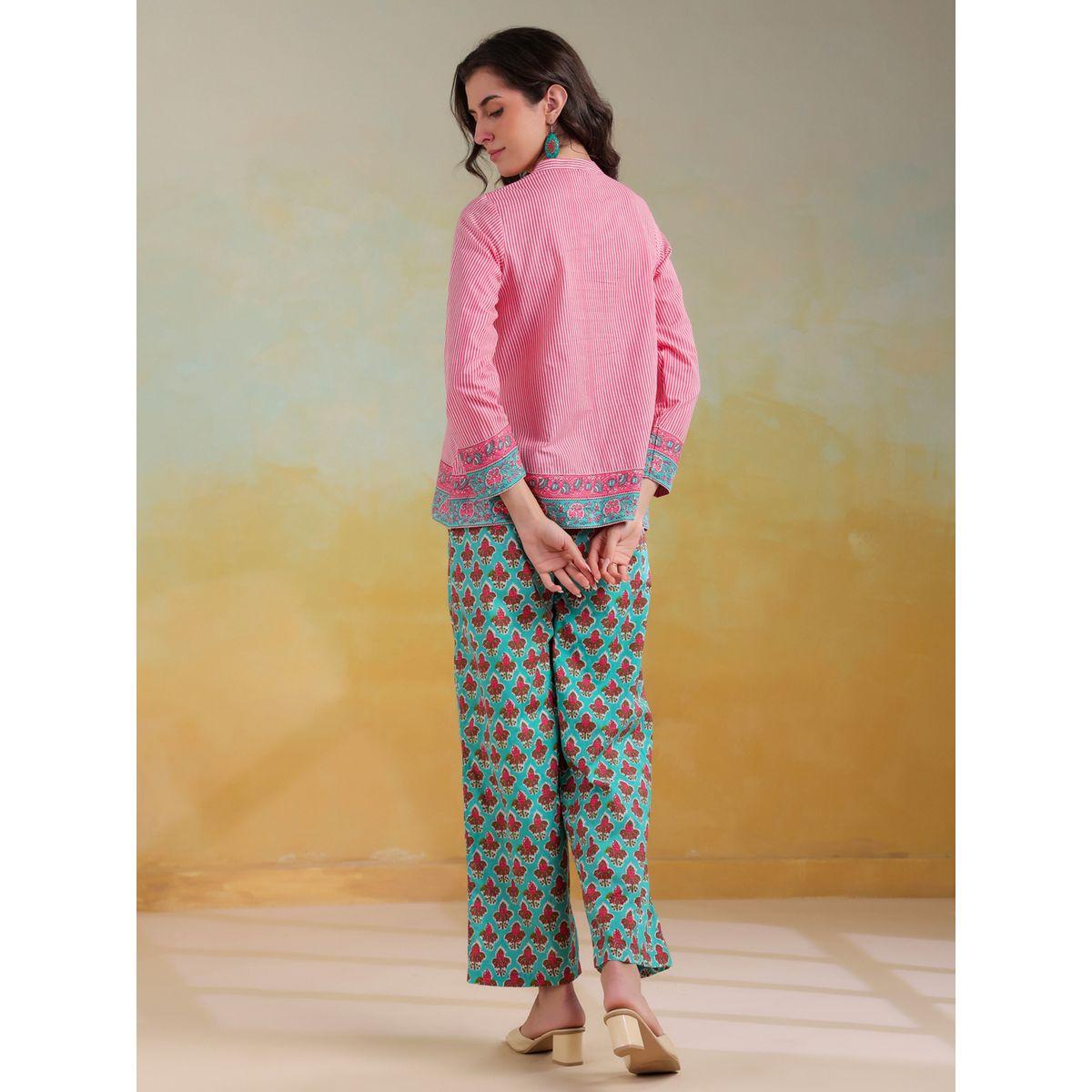 طقم منسق من بنطال وبلوزة مخططة بياقة ماندارين-women-clothing-coordsets-image-2