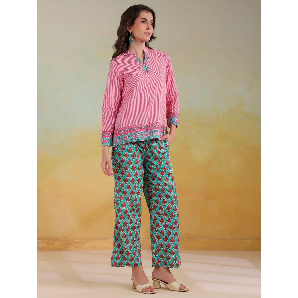 Sanskrutihomes Striped Mandarin Collar Top with Trousers Co-Ords-women-clothing-coordsets-image-3