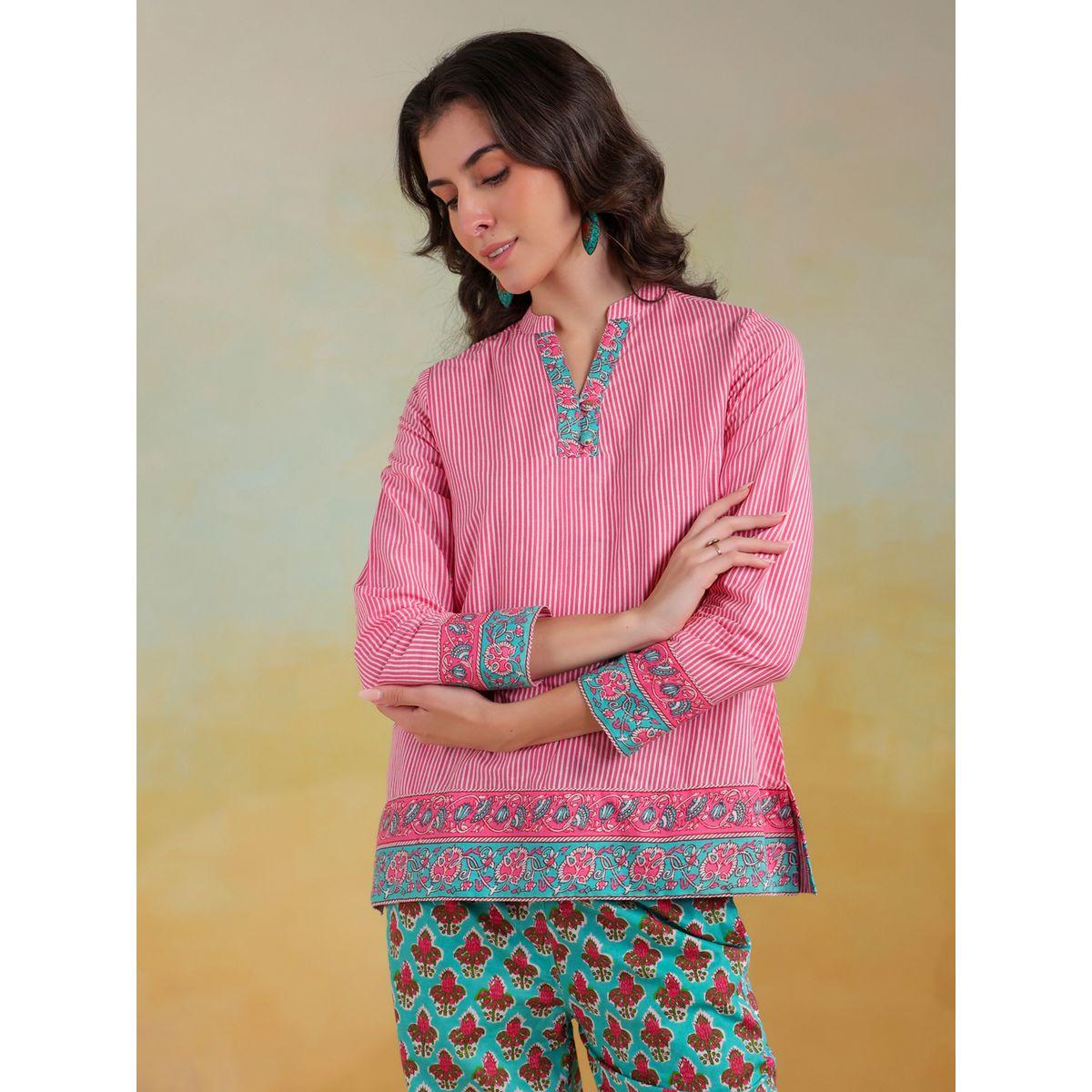 Sanskrutihomes Striped Mandarin Collar Top with Trousers Co-Ords-women-clothing-coordsets-image-4