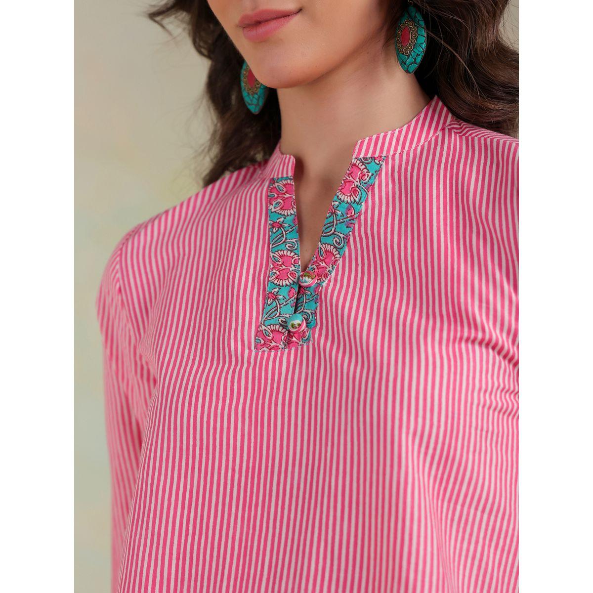 طقم منسق من بنطال وبلوزة مخططة بياقة ماندارين-women-clothing-coordsets-image-5