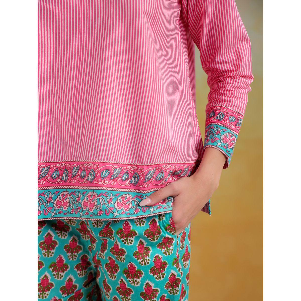 Sanskrutihomes Striped Mandarin Collar Top with Trousers Co-Ords-women-clothing-coordsets-image-6