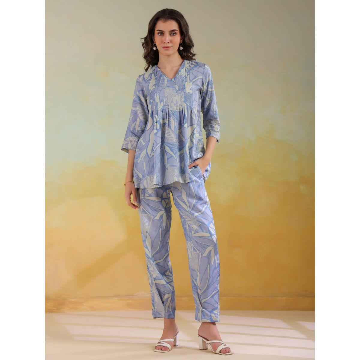 Sanskrutihomes All-Over Print V Neck Tunic and Trousers Co-Ords-women-clothing-coordsets-image-1
