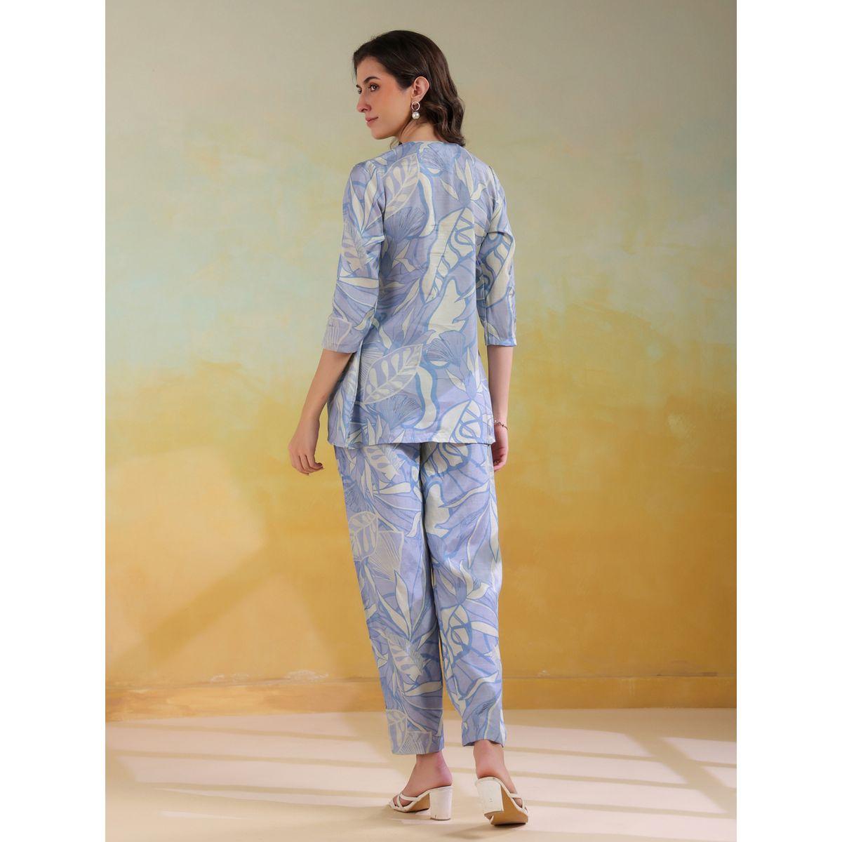 Sanskrutihomes All-Over Print V Neck Tunic and Trousers Co-Ords-women-clothing-coordsets-image-2