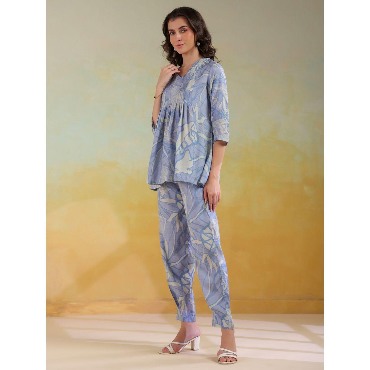 Sanskrutihomes All-Over Print V Neck Tunic and Trousers Co-Ords-women-clothing-coordsets-image-3