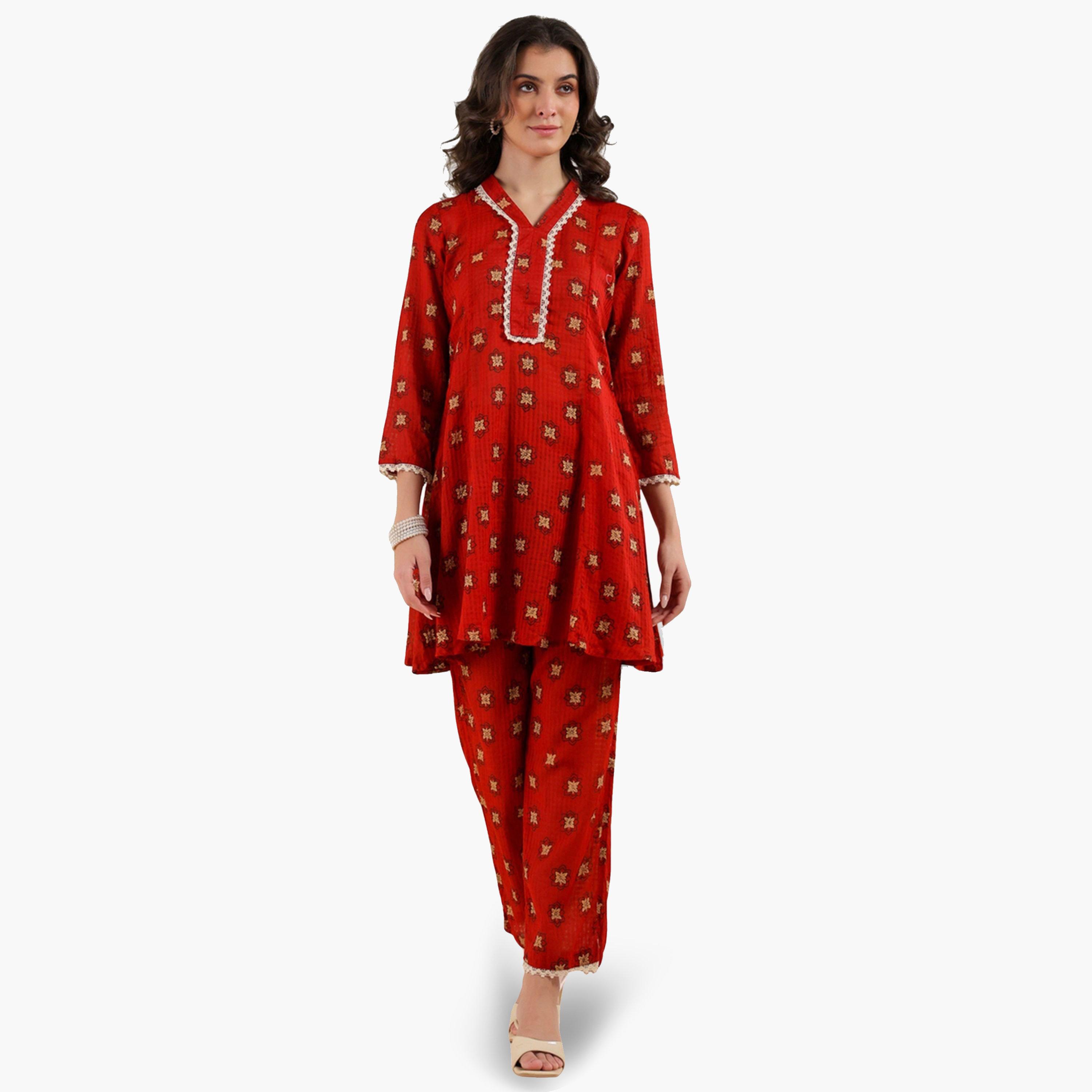 طقم نسائي من تونيك وبنطال قطن خالص بطبعة-women-clothing-coordsets-image-1