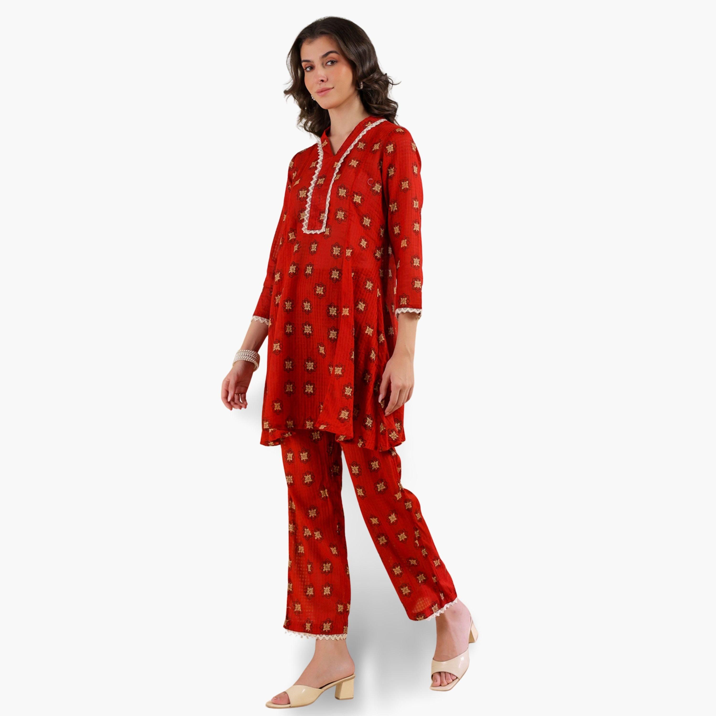 طقم نسائي من تونيك وبنطال قطن خالص بطبعة-women-clothing-coordsets-image-4