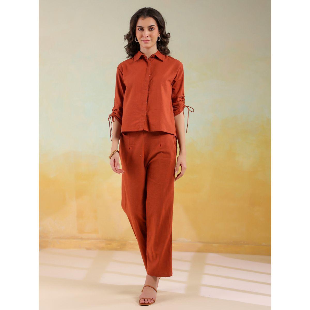 Sanskrutihomes Solid Spread Collar Shirt and Pants Co-Ords-women-clothing-coordsets-image-1