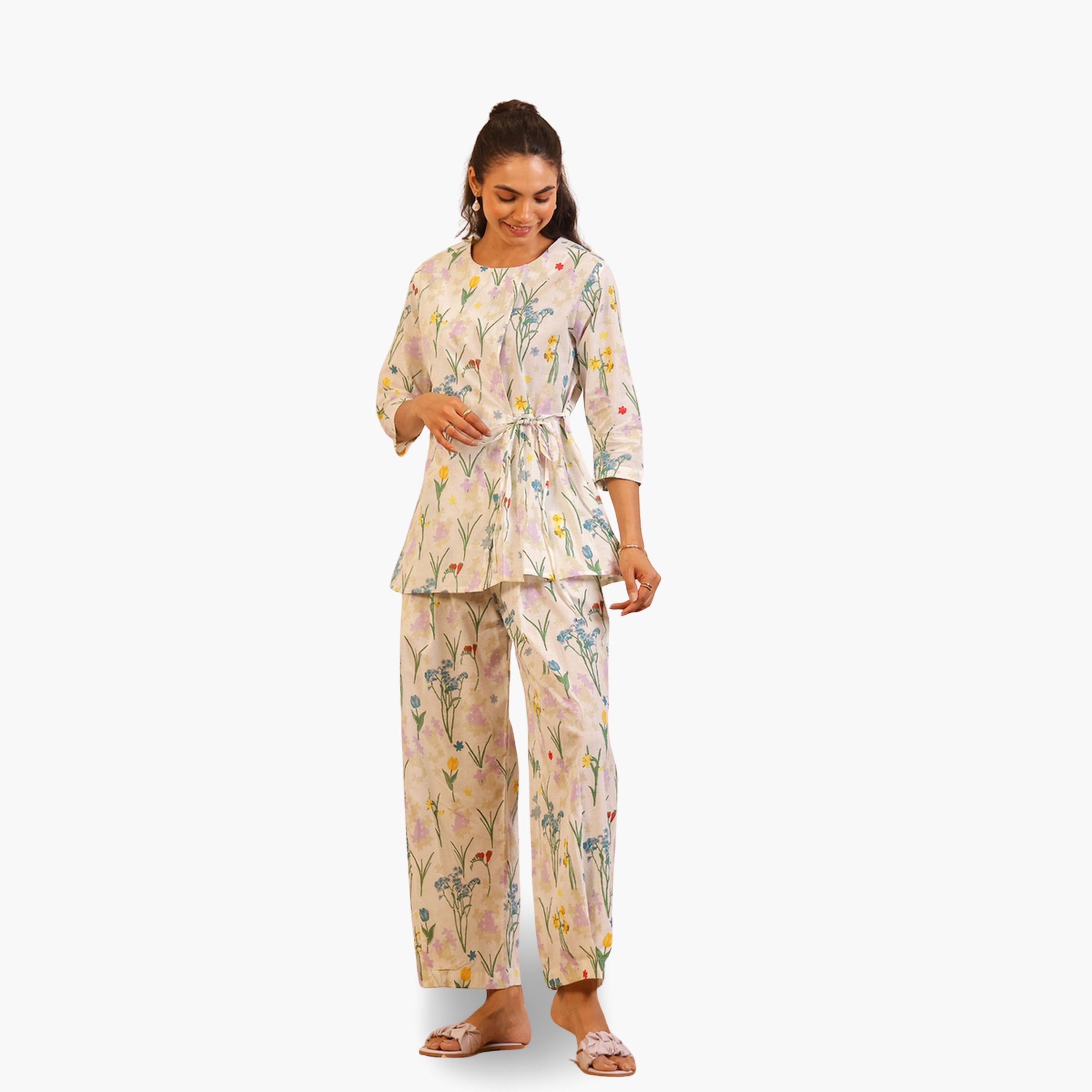 Sanskrutihomes Women White Round Neck Pure Cotton Shirt and Trousers Co-Ords-women-clothing-coordsets-image-1