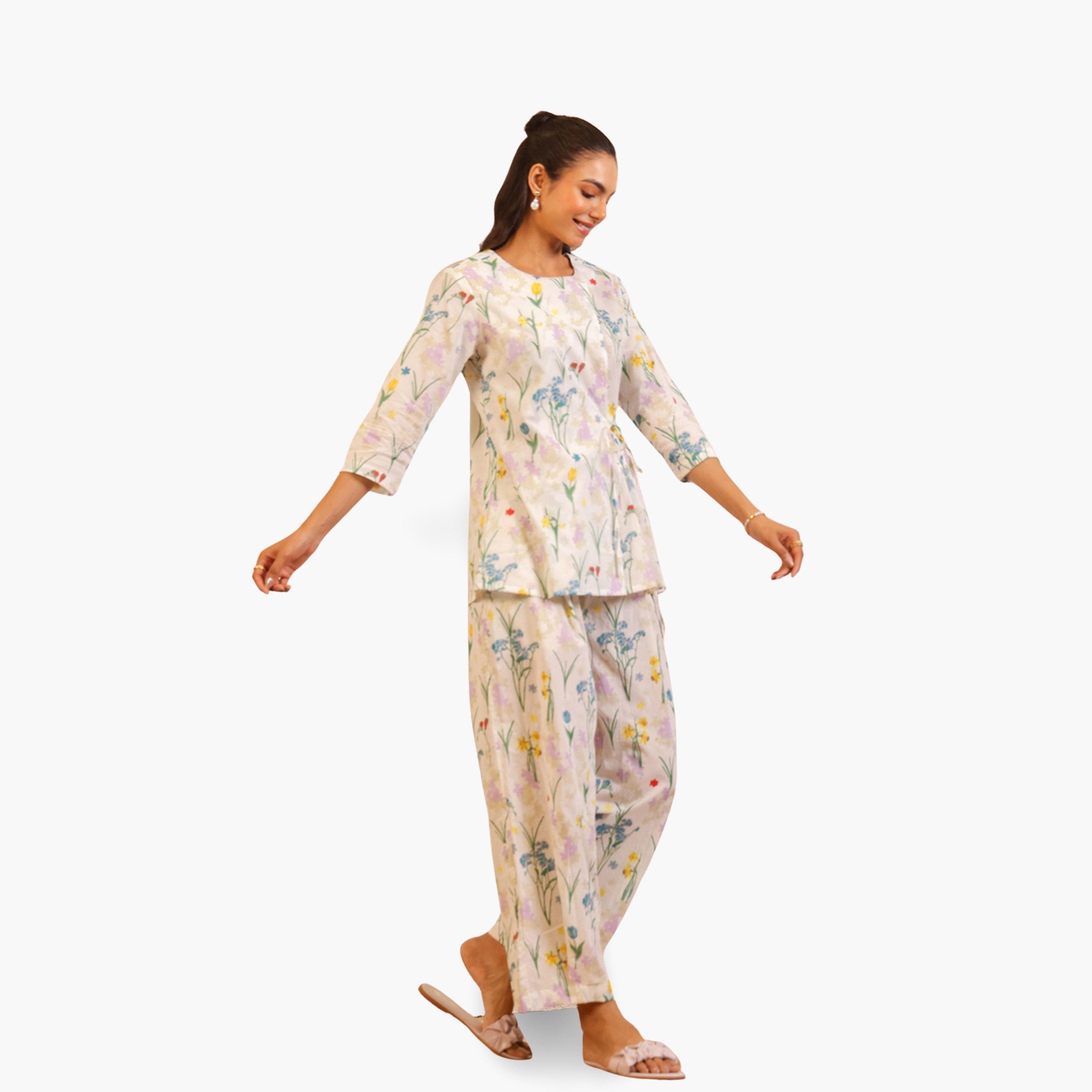Sanskrutihomes Women White Round Neck Pure Cotton Shirt and Trousers Co-Ords-women-clothing-coordsets-image-2