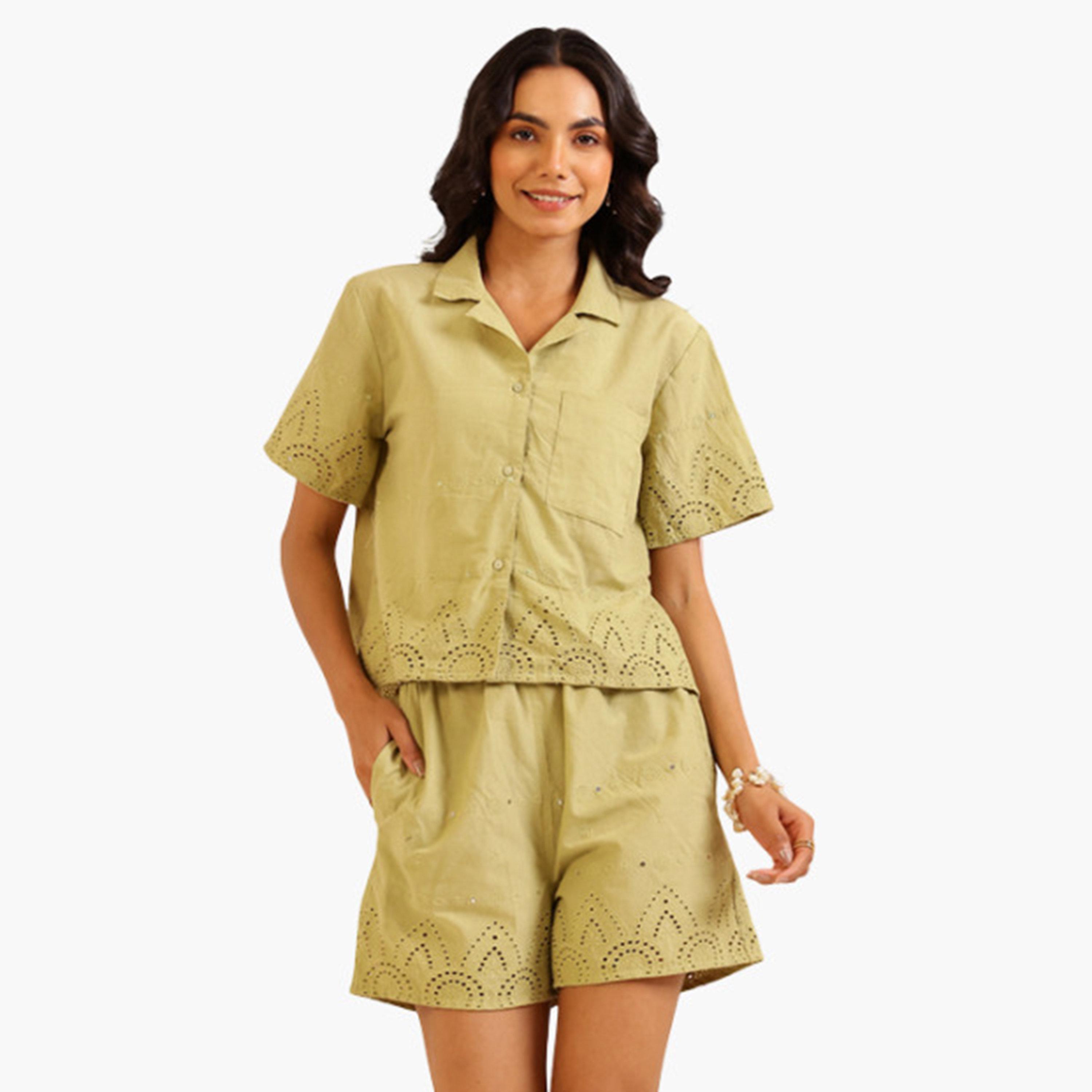 Sanskrutihomes Women Green Embroidered Shirt with Shorts Co-Ords-women-clothing-coordsets-image-1