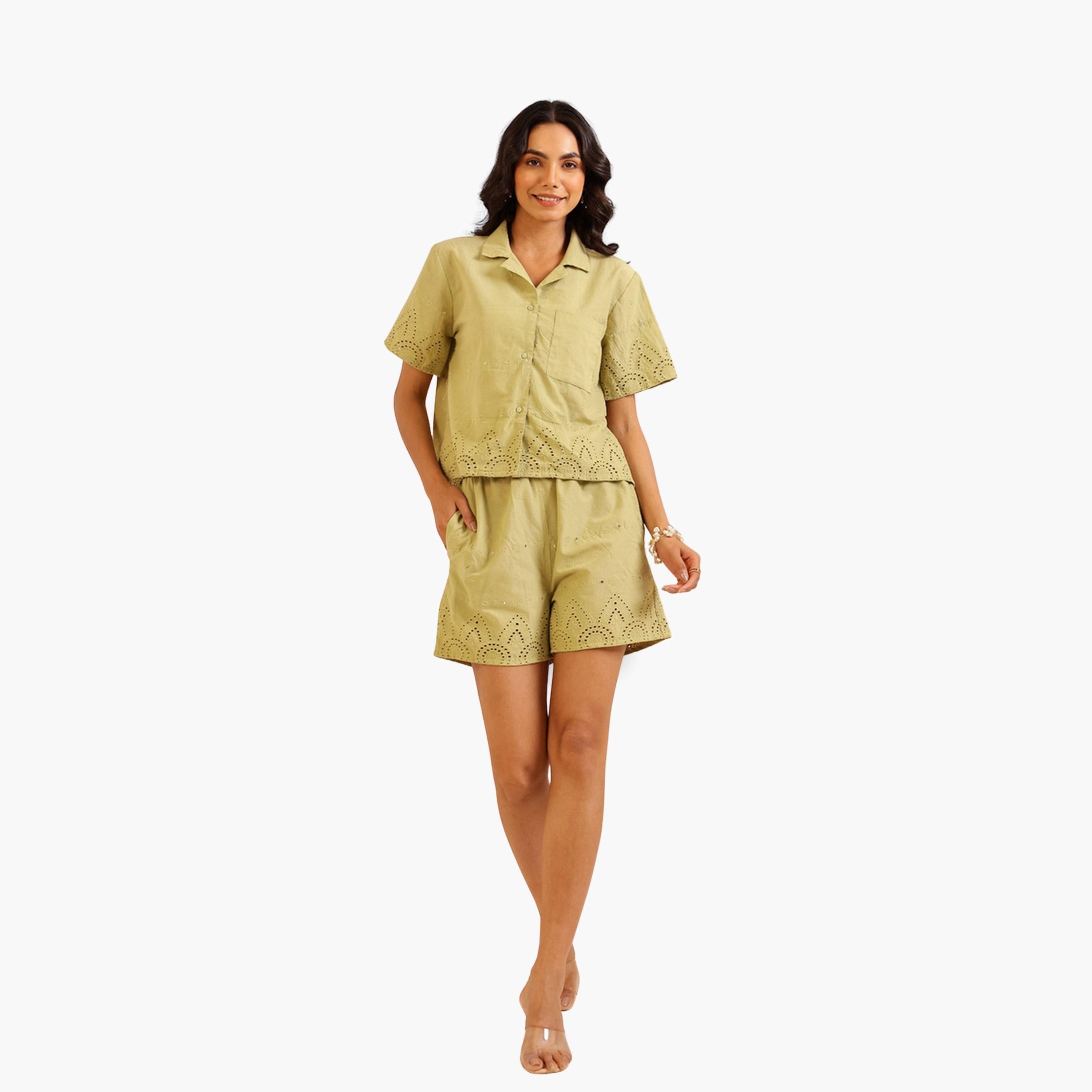 Sanskrutihomes Women Green Embroidered Shirt with Shorts Co-Ords-women-clothing-coordsets-image-2
