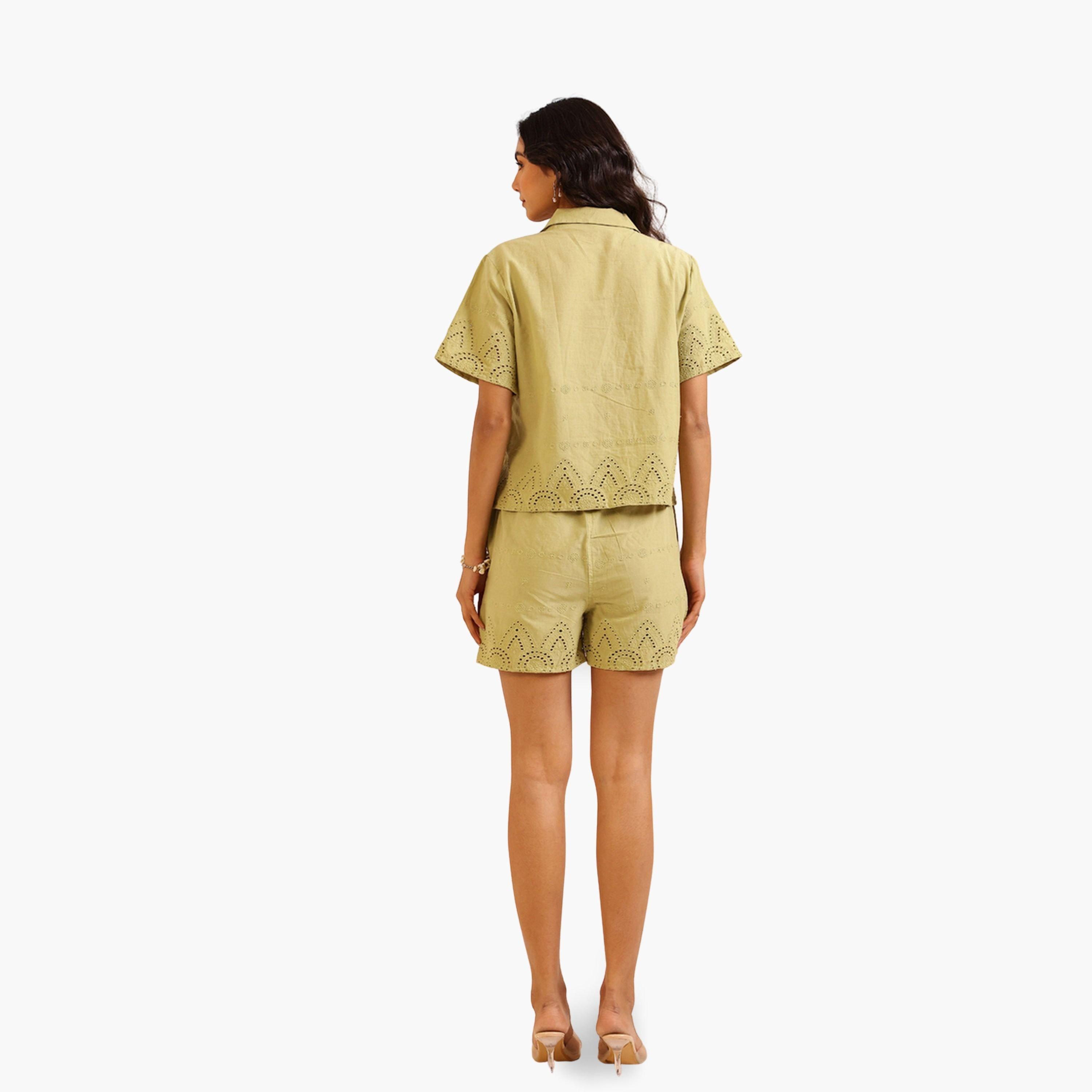 Sanskrutihomes Women Green Embroidered Shirt with Shorts Co-Ords-women-clothing-coordsets-image-3