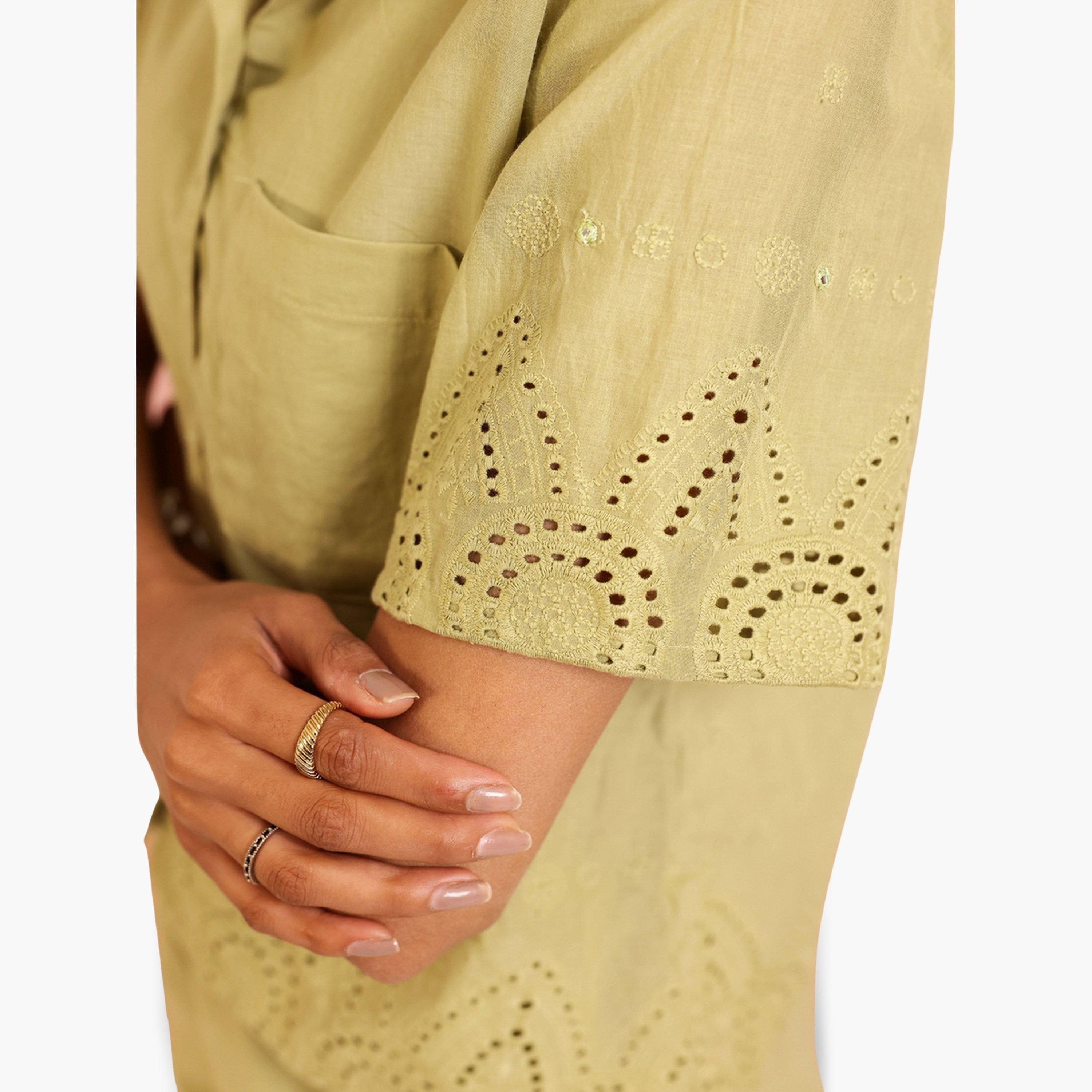Sanskrutihomes Women Green Embroidered Shirt with Shorts Co-Ords-women-clothing-coordsets-image-6