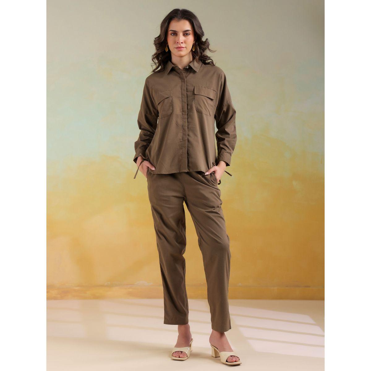 Sanskrutihomes Solid Spread Collar Shirt and Pants Co-Ords-women-clothing-coordsets-image-1
