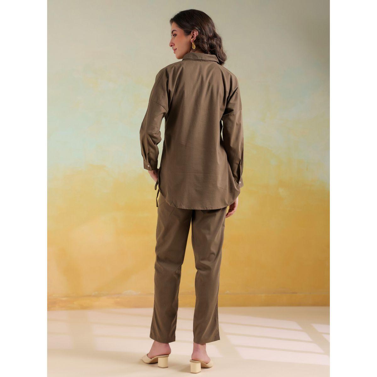Sanskrutihomes Solid Spread Collar Shirt and Pants Co-Ords-women-clothing-coordsets-image-2