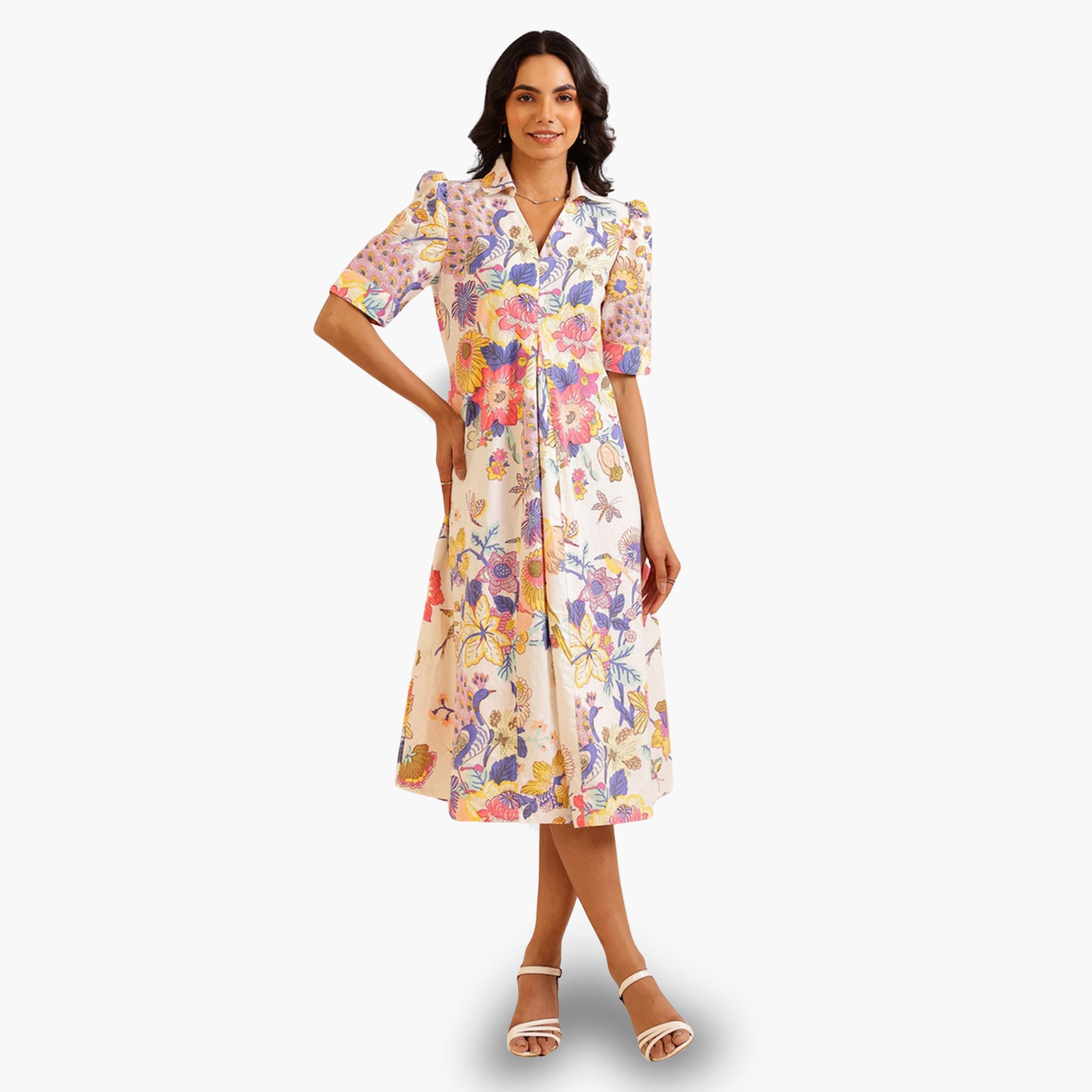 Sanskrutihomes Women White Color Floral Printed Cotton Midi Dress-women-clothing-dresses-image-1