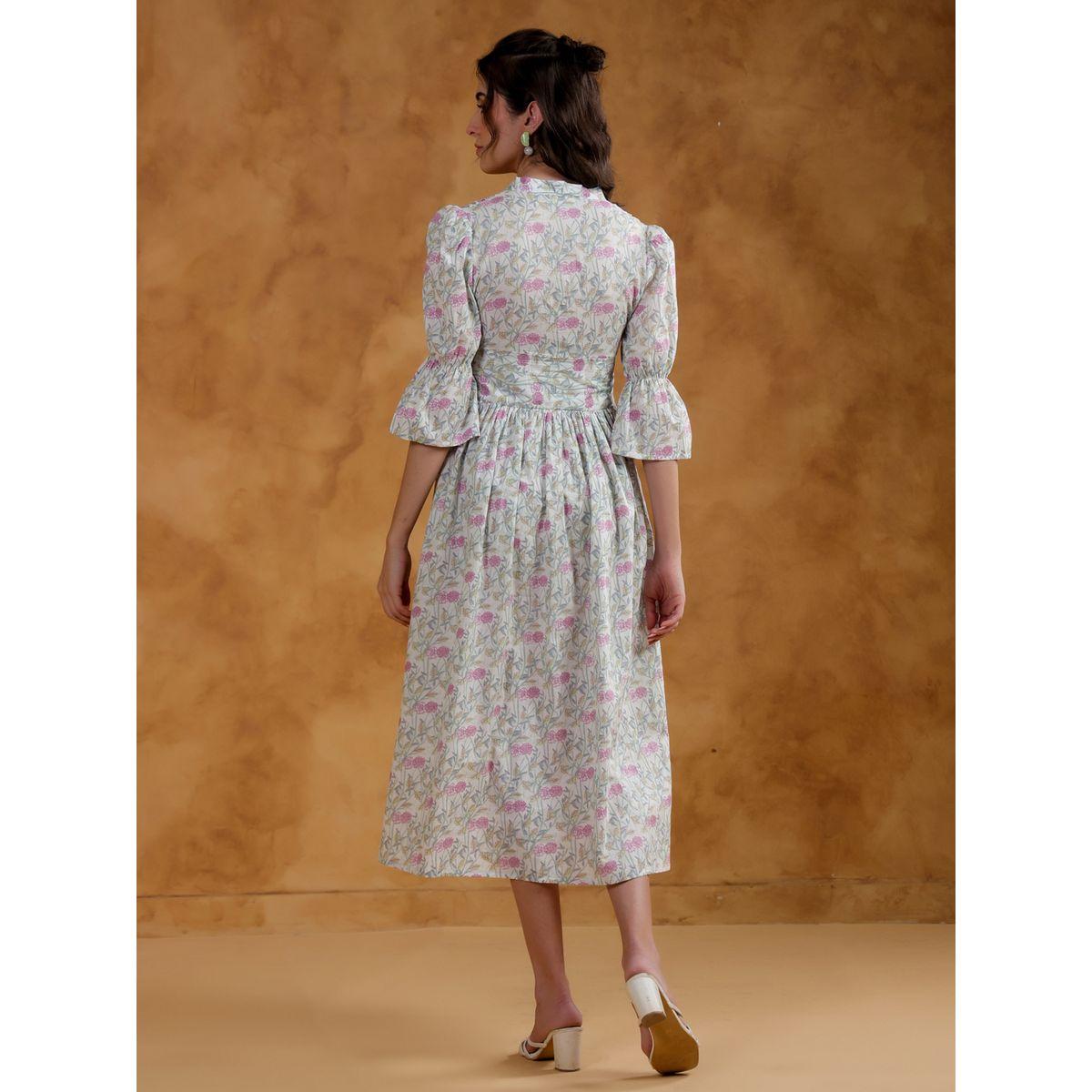 Sanskrutihomes All-Over Floral Print V Neck A-Line Midi Dress-women-clothing-dresses-image-2