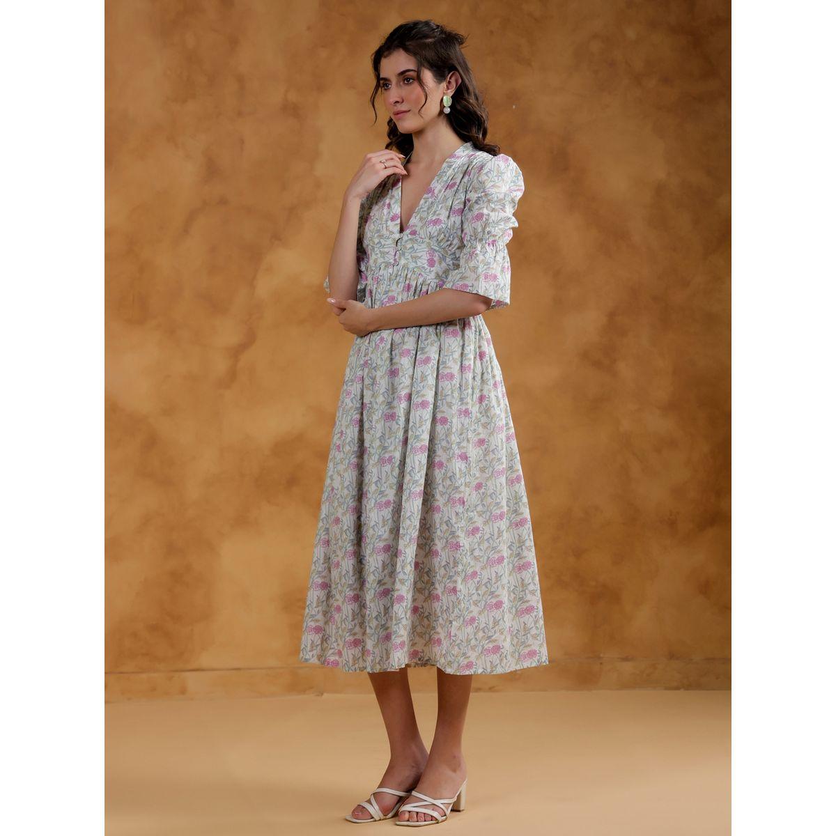 Sanskrutihomes All-Over Floral Print V Neck A-Line Midi Dress-women-clothing-dresses-image-3