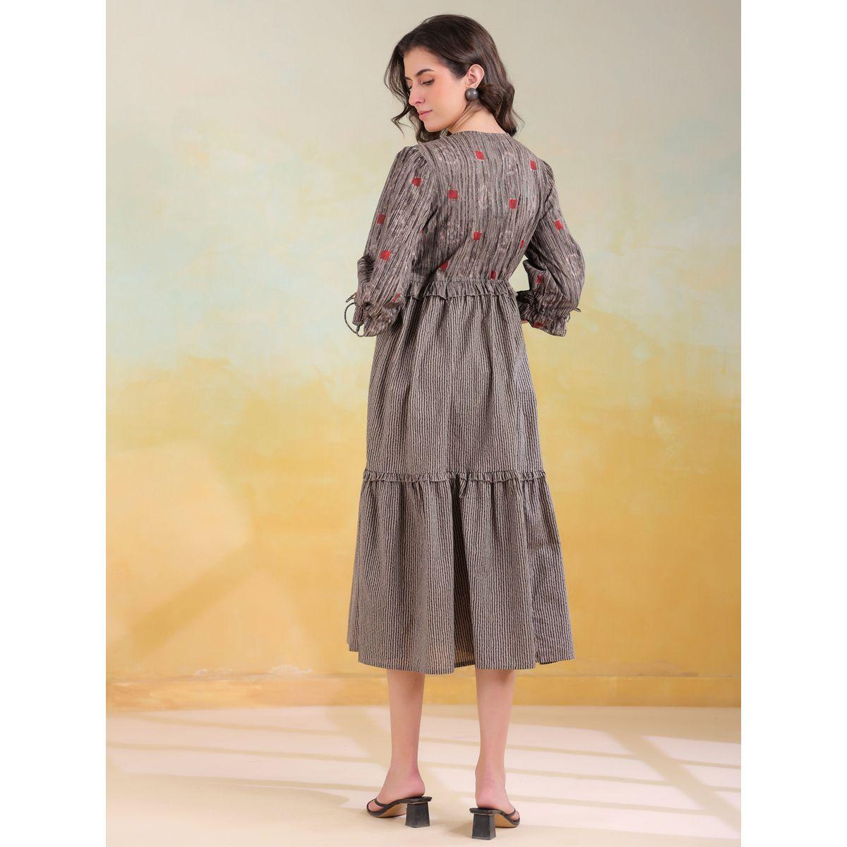 Sanskrutihomes Grey Printed V Neck Cotton A-Line Midi Dress-women-clothing-dresses-image-2