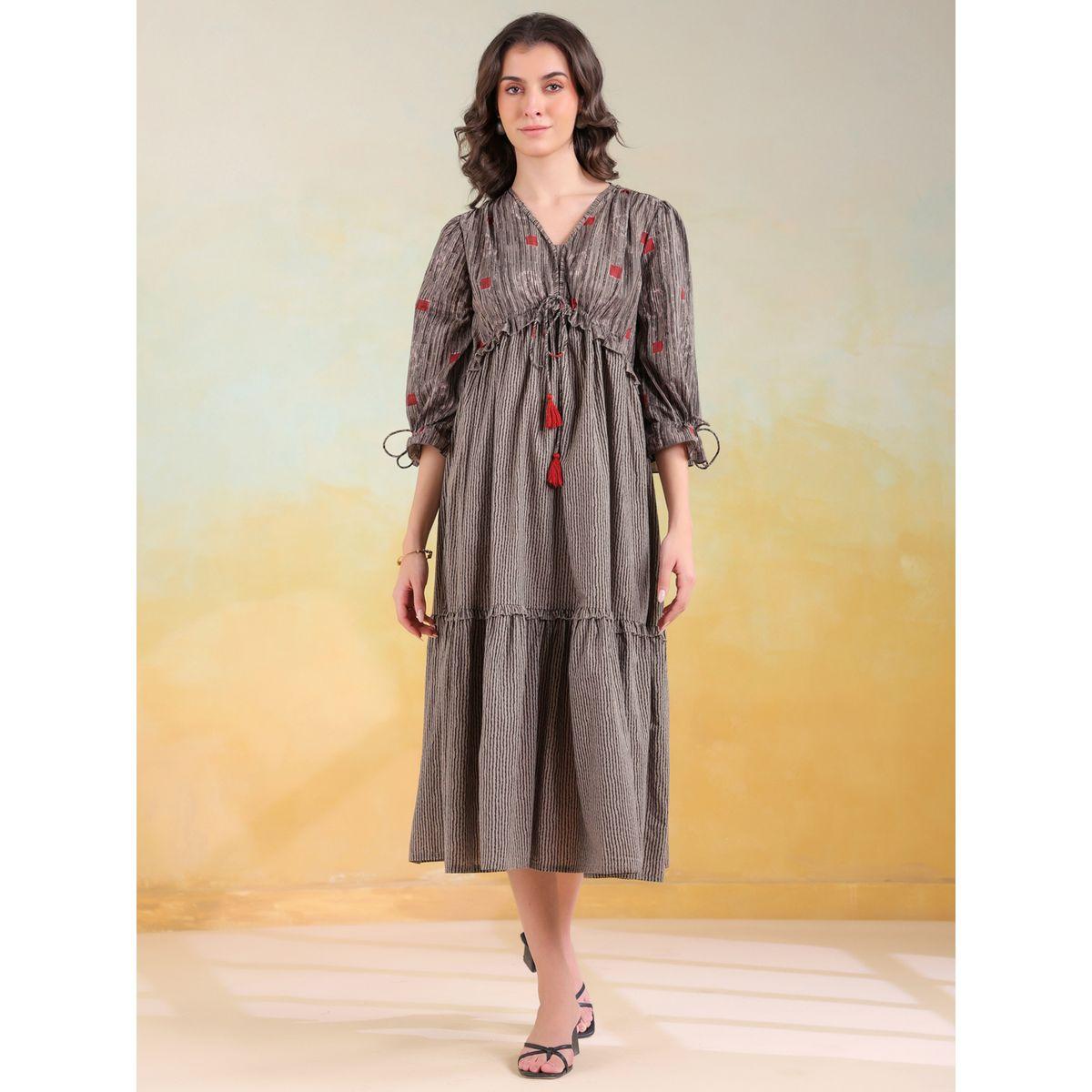 Sanskrutihomes Grey Printed V Neck Cotton A-Line Midi Dress-women-clothing-dresses-image-3