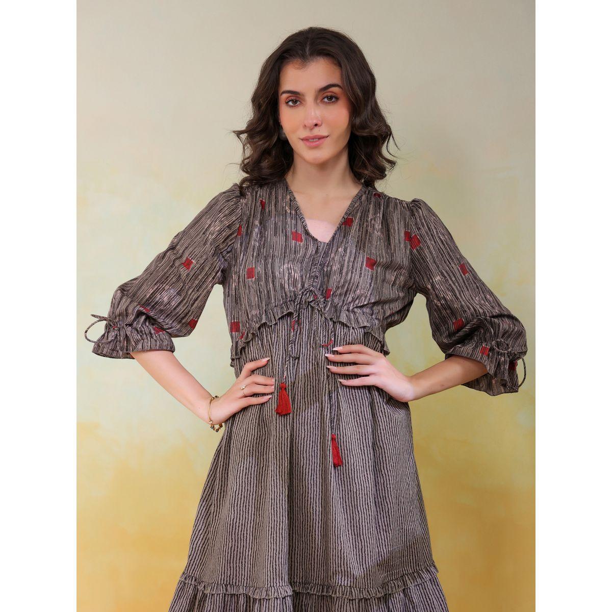 Sanskrutihomes Grey Printed V Neck Cotton A-Line Midi Dress-women-clothing-dresses-image-4