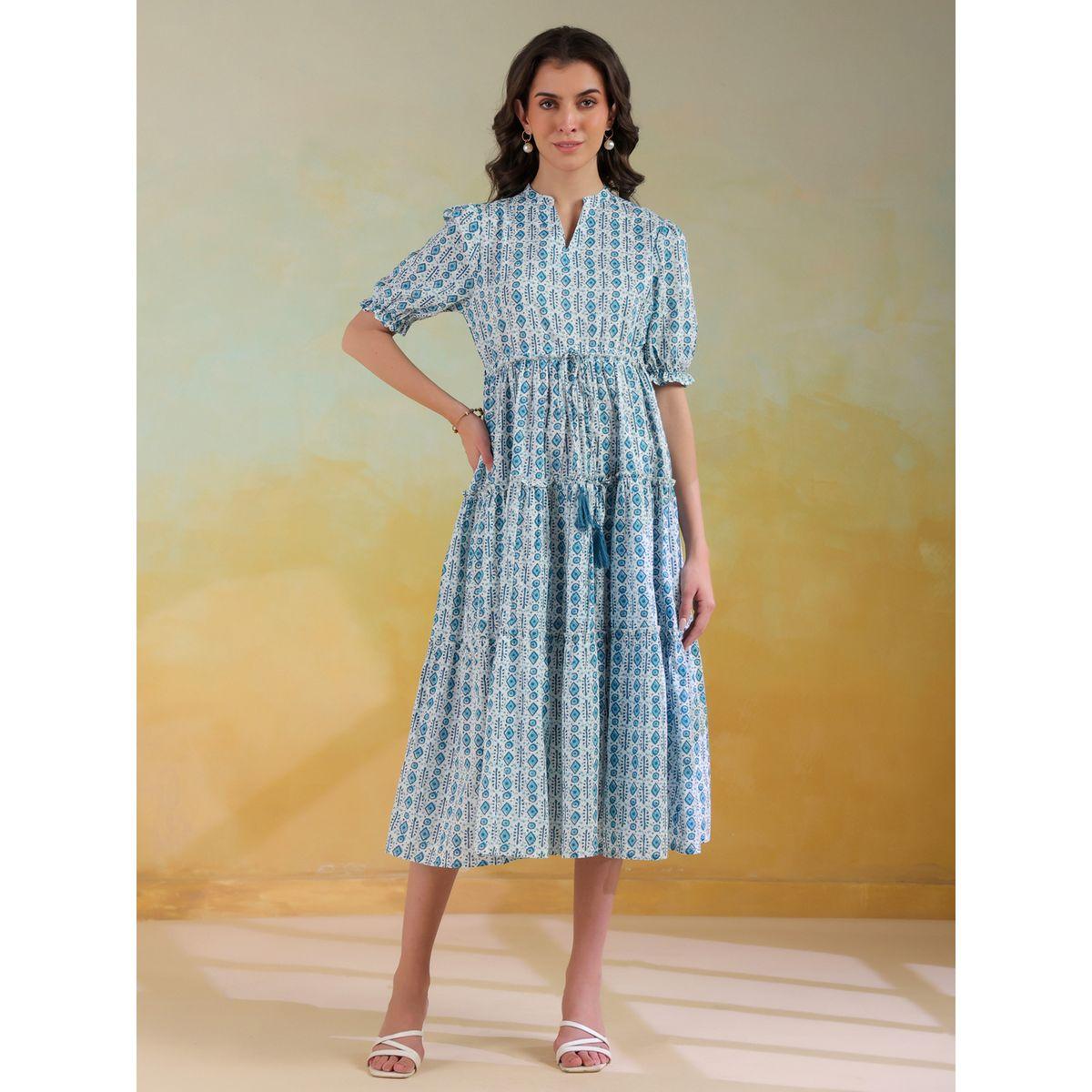 فستان ميدي مطبع بالكامل مع أكمام منفوخة-women-clothing-dresses-image-1
