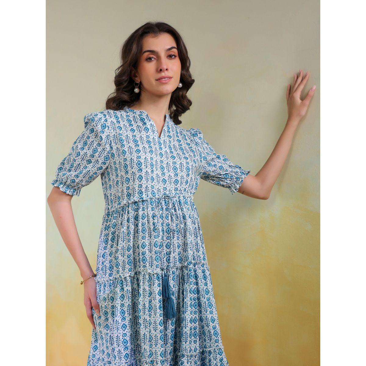 فستان ميدي مطبع بالكامل مع أكمام منفوخة-women-clothing-dresses-image-4