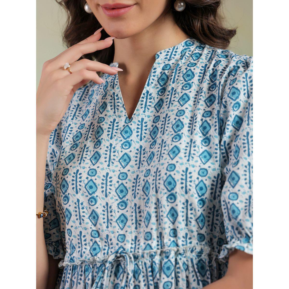 Sanskrutihomes Blue All-Over Printed Puff Sleeves Tiered Midi Dress-women-clothing-dresses-image-5