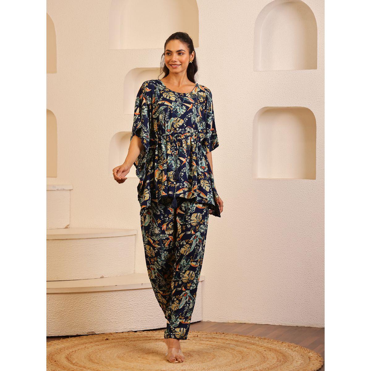 طقم بيجاما من بنطال وبلوزة قفطان بياقة دائرية-women-clothing-nightwear-pyjamas-longsets-image-1
