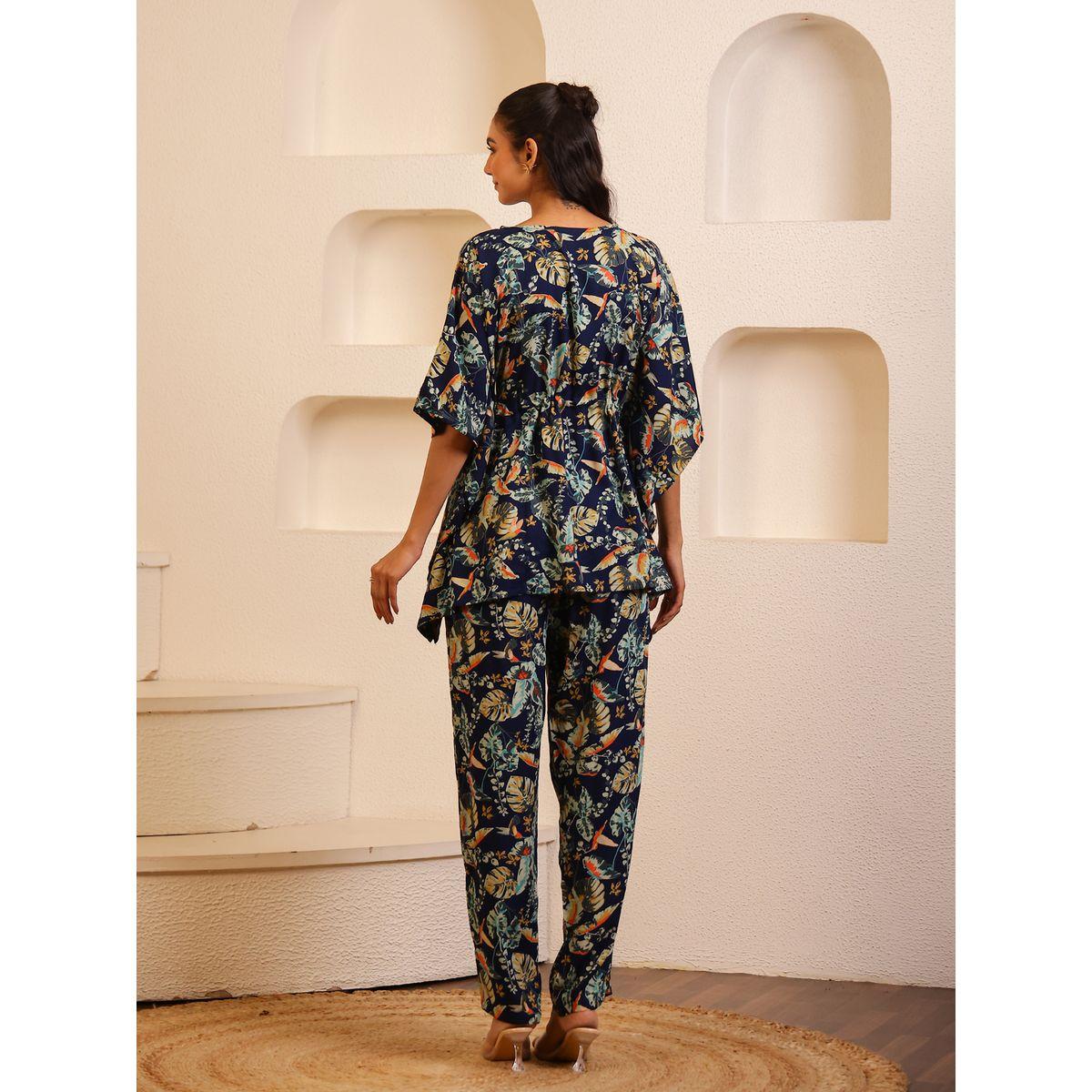 Sanskrutihomes Women Navy Blue Floral Printed Round Neck Kaftan Top and Pyjama Set-women-clothing-nightwear-pyjamas-longsets-image-2