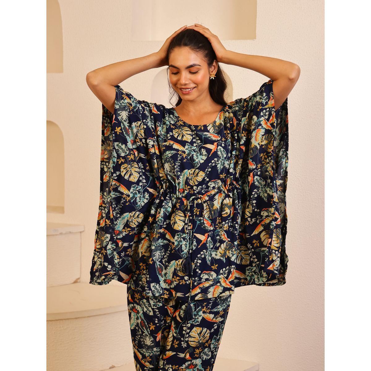 طقم بيجاما من بنطال وبلوزة قفطان بياقة دائرية-women-clothing-nightwear-pyjamas-longsets-image-3