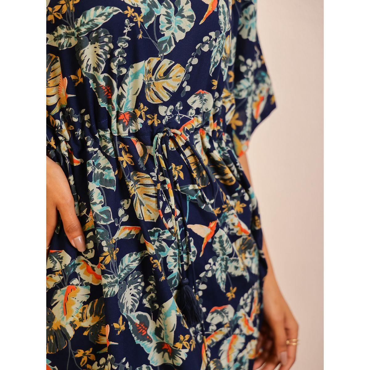 Sanskrutihomes Women Navy Blue Floral Printed Round Neck Kaftan Top and Pyjama Set-women-clothing-nightwear-pyjamas-longsets-image-5