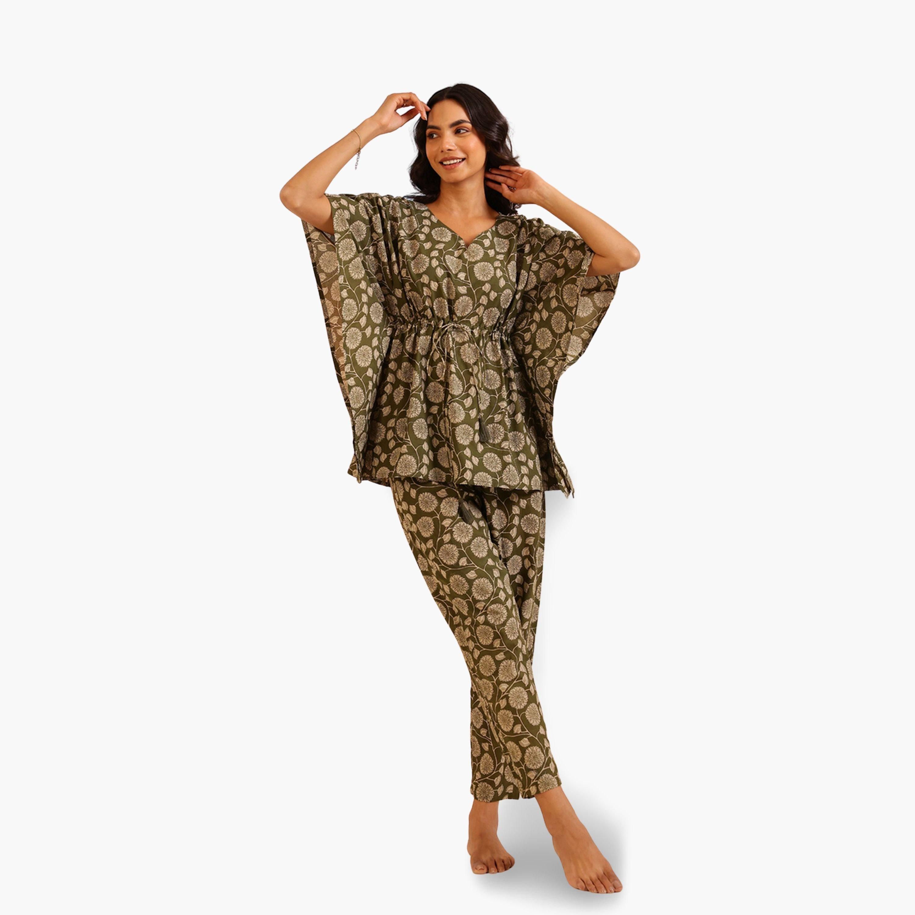 طقم بيجاما نسائي من بلوزة كيمونو وبنطال قطن خالص بطبعة زهور-women-clothing-nightwear-pyjamas-longsets-image-1