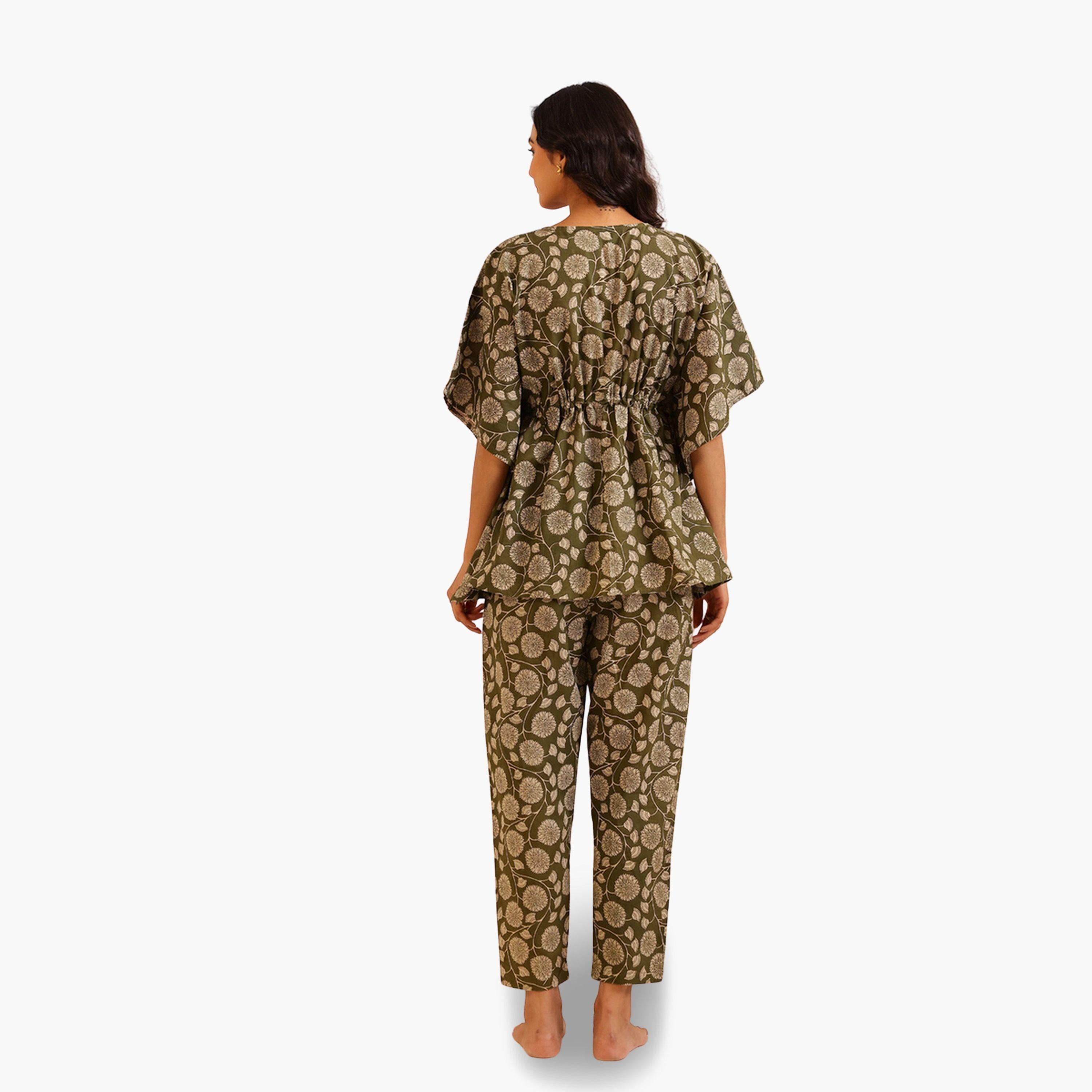 طقم بيجاما نسائي من بلوزة كيمونو وبنطال قطن خالص بطبعة زهور-women-clothing-nightwear-pyjamas-longsets-image-2