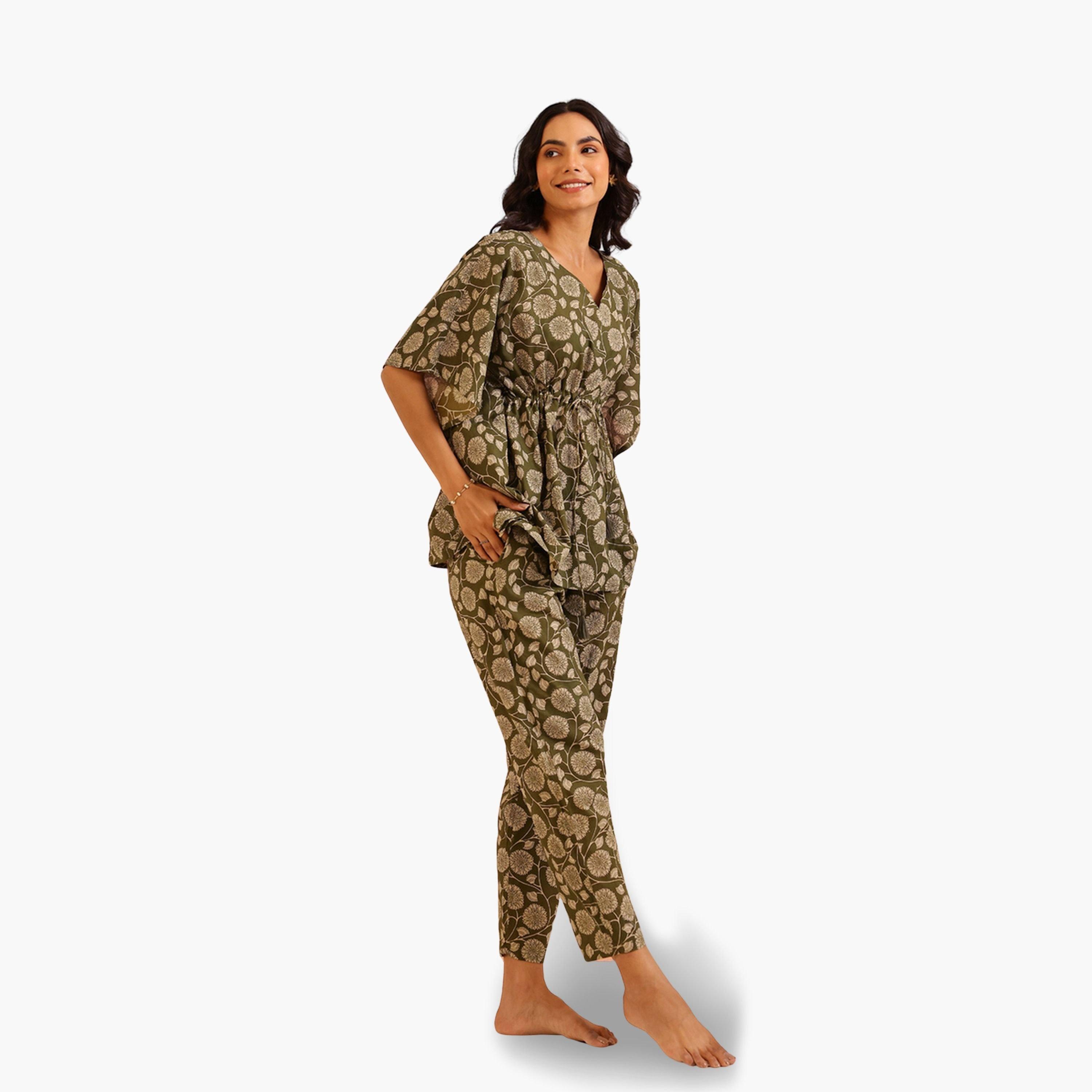 طقم بيجاما نسائي من بلوزة كيمونو وبنطال قطن خالص بطبعة زهور-women-clothing-nightwear-pyjamas-longsets-image-3