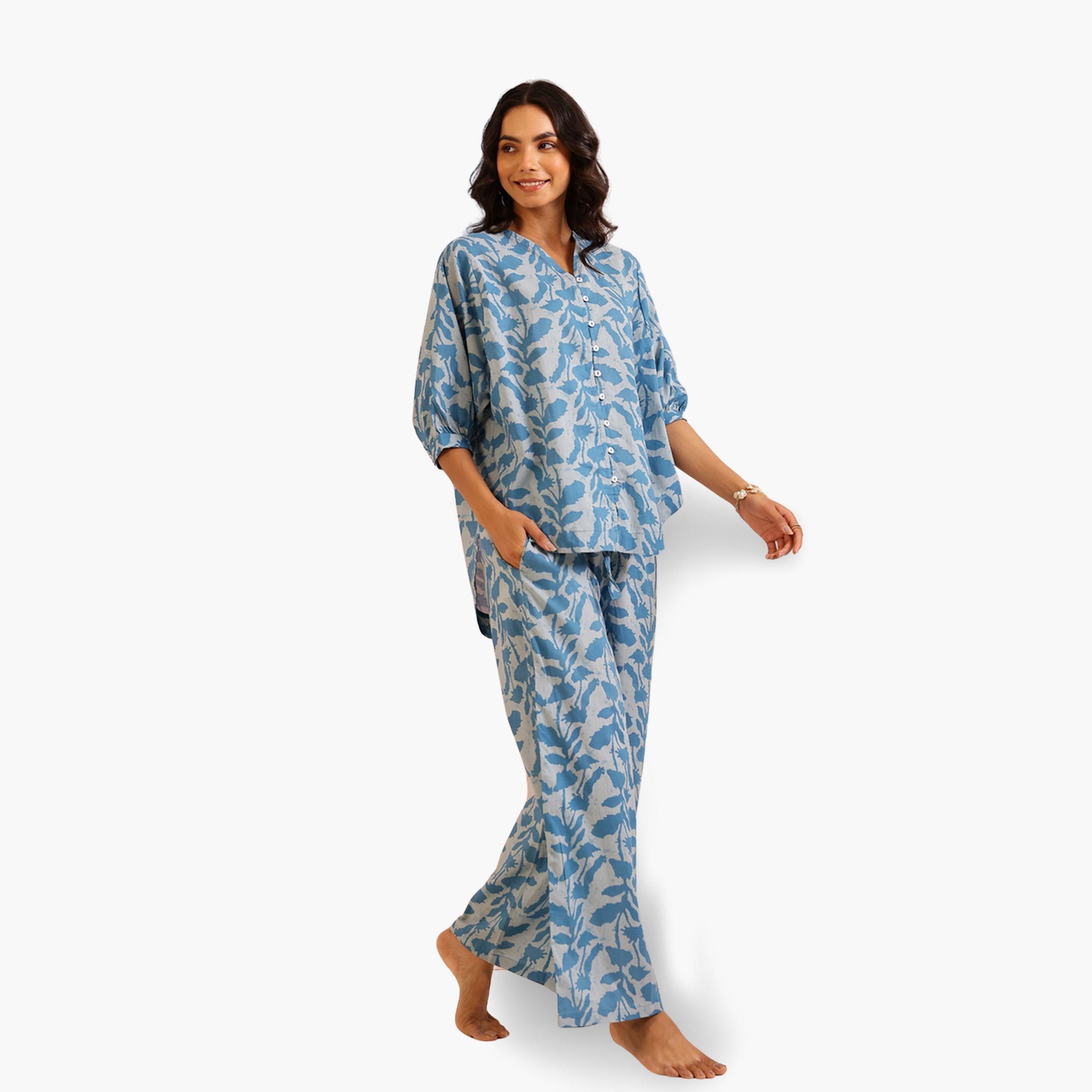 طقم بيجاما نسائي من بلوزة وبنطال قطن بطبعة زهور-women-clothing-nightwear-pyjamas-longsets-image-3