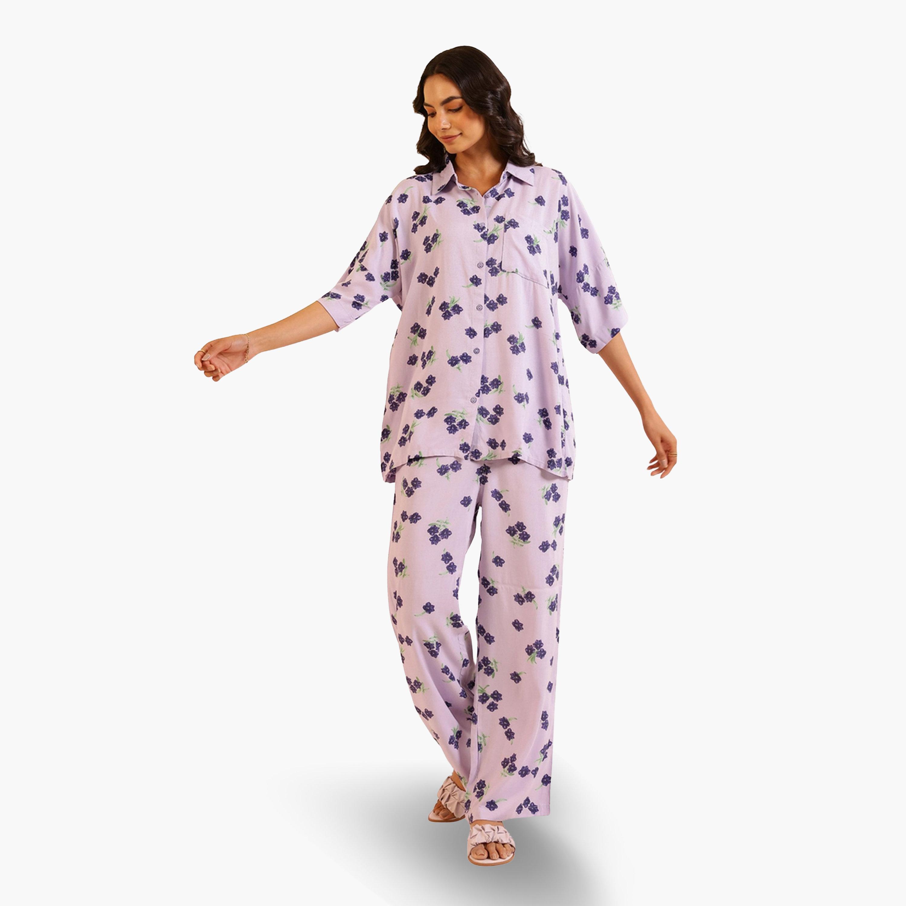 طقم بيجاما نسائي من قميص وبنطال بطبعة زهور-women-clothing-nightwear-pyjamas-longsets-image-1