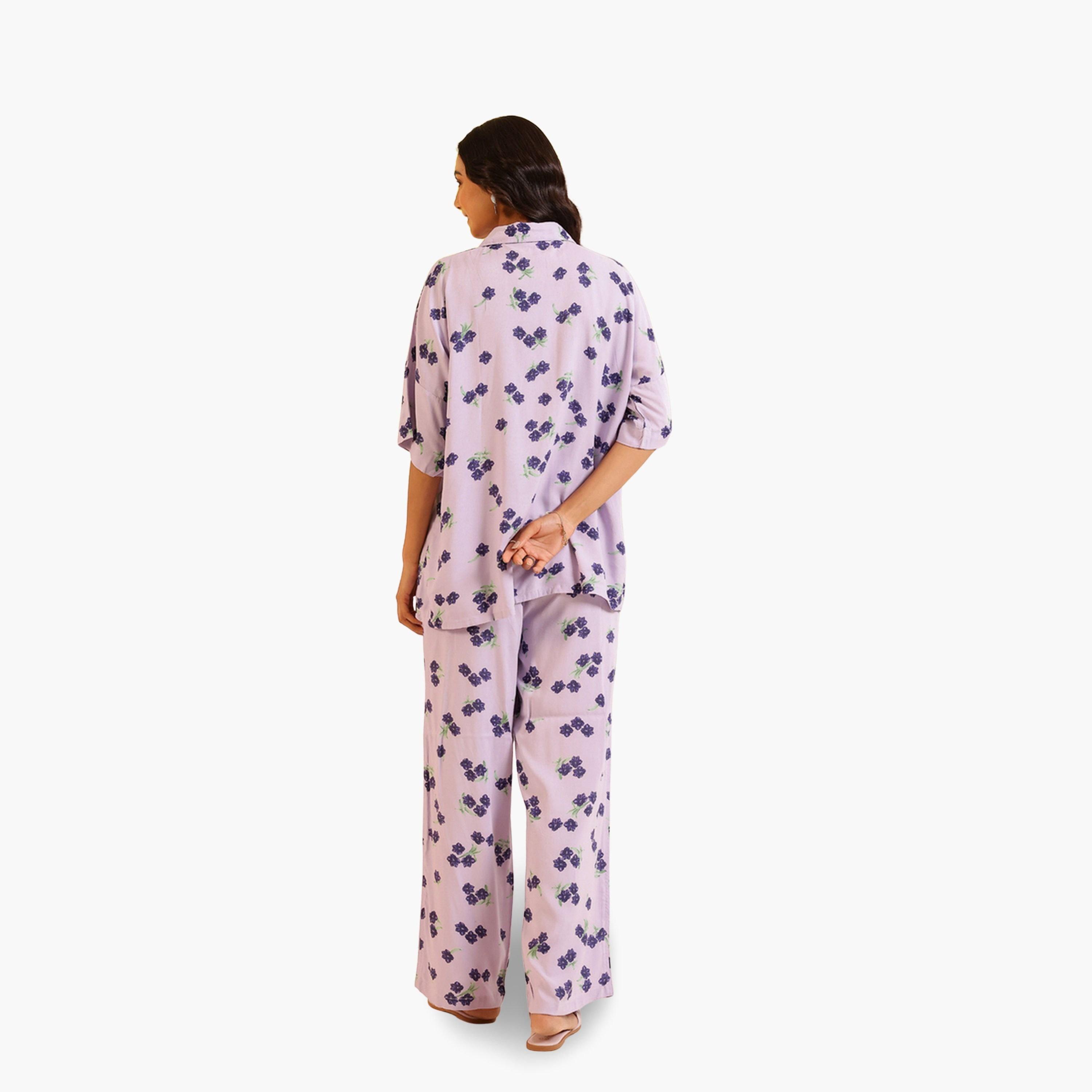 طقم بيجاما نسائي من قميص وبنطال بطبعة زهور-women-clothing-nightwear-pyjamas-longsets-image-2