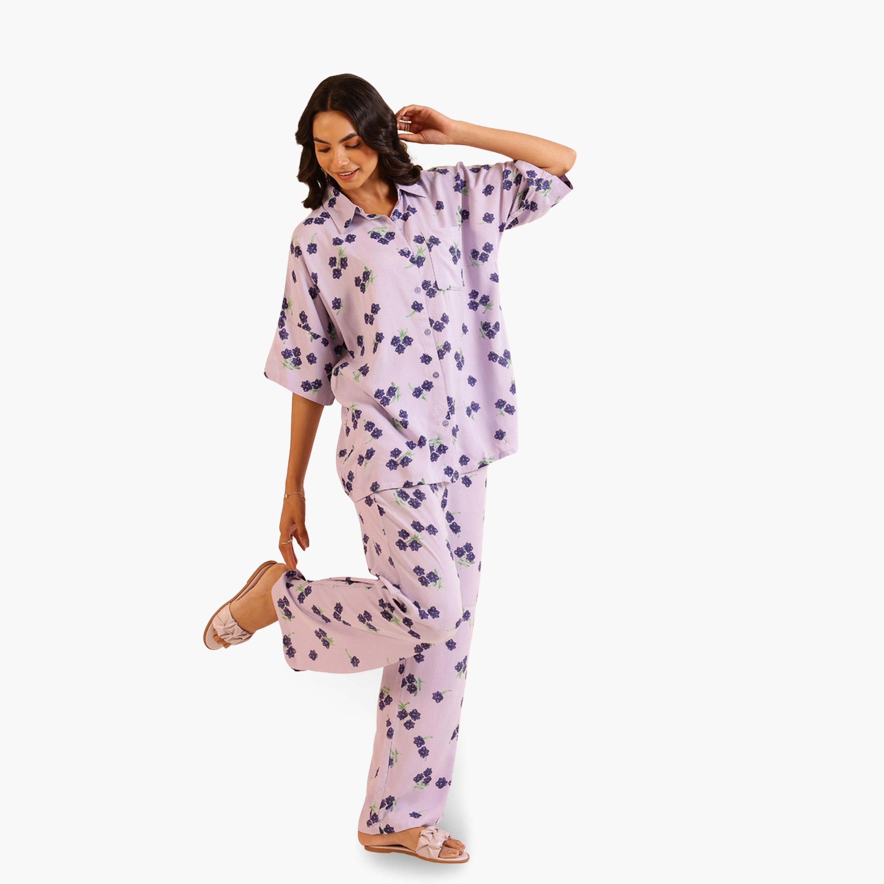 طقم بيجاما نسائي من قميص وبنطال بطبعة زهور-women-clothing-nightwear-pyjamas-longsets-image-3